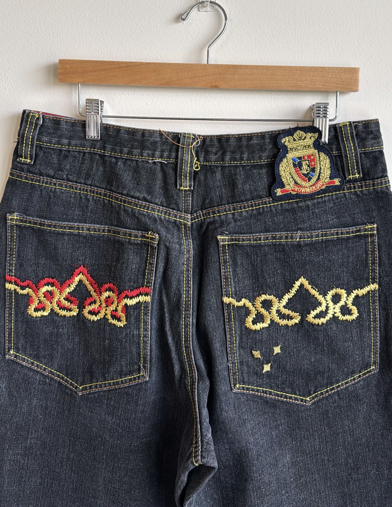 Designer × Vintage Crown Holder Y2K Embroidered Baggy Jeans Size US 34 / EU 50 - 4 Thumbnail