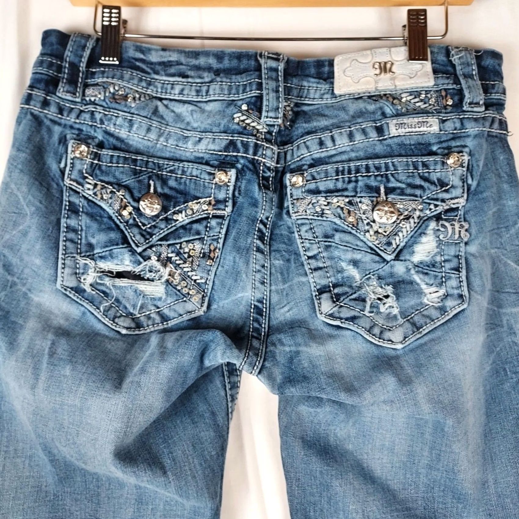 Miss Me Miss Me Easy Boot Mid Rise Bootcut Jeans 29 Women's Denim Blue Stretch Bling 5-Pocket Zip Slim Stability Size 29" - 4 Thumbnail