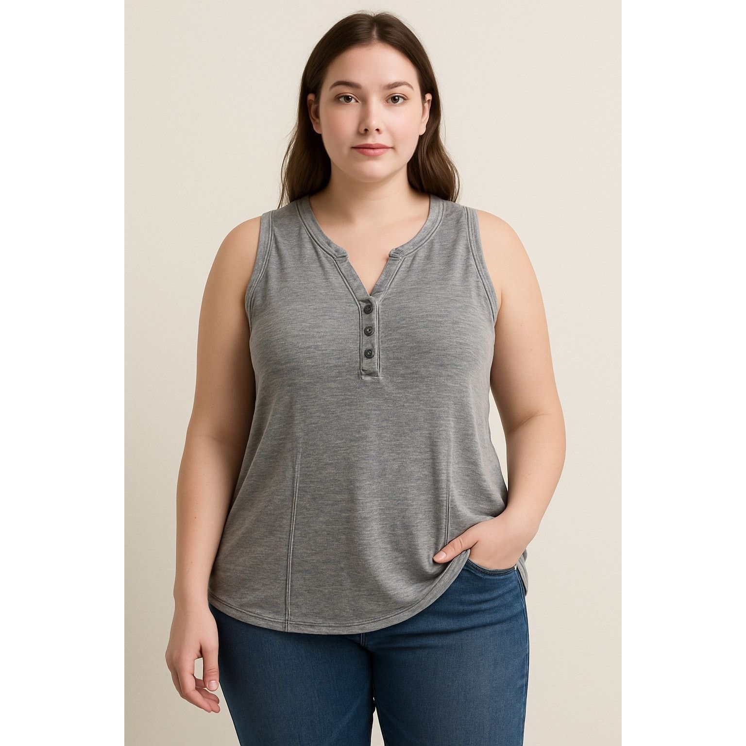 Other Casual Washed Gray Henley Sleeveless Tank Top June Delancey Size XL / US 12-14 / IT 48-50 - 1 Thumbnail