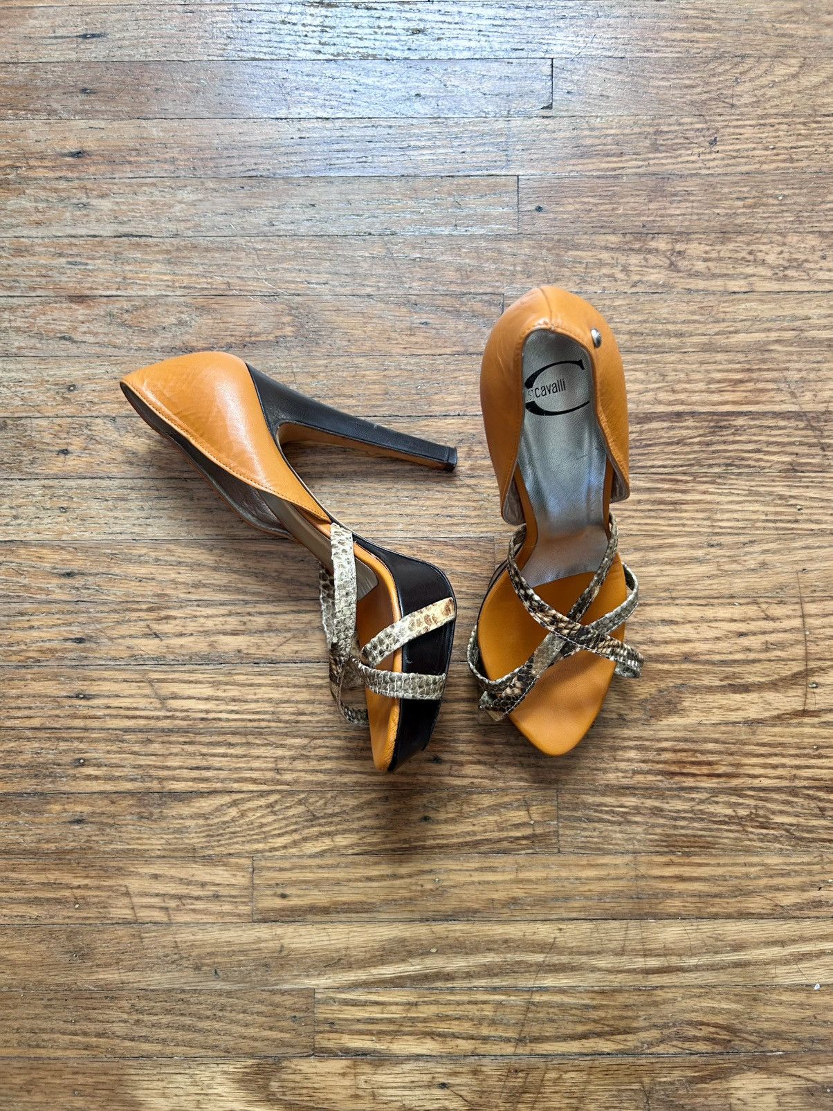 Roberto Cavalli Roberto Cavalli Orange & Black Heels with Snakeskin Straps Size US 7.5 / IT 37.5 - 1 Thumbnail