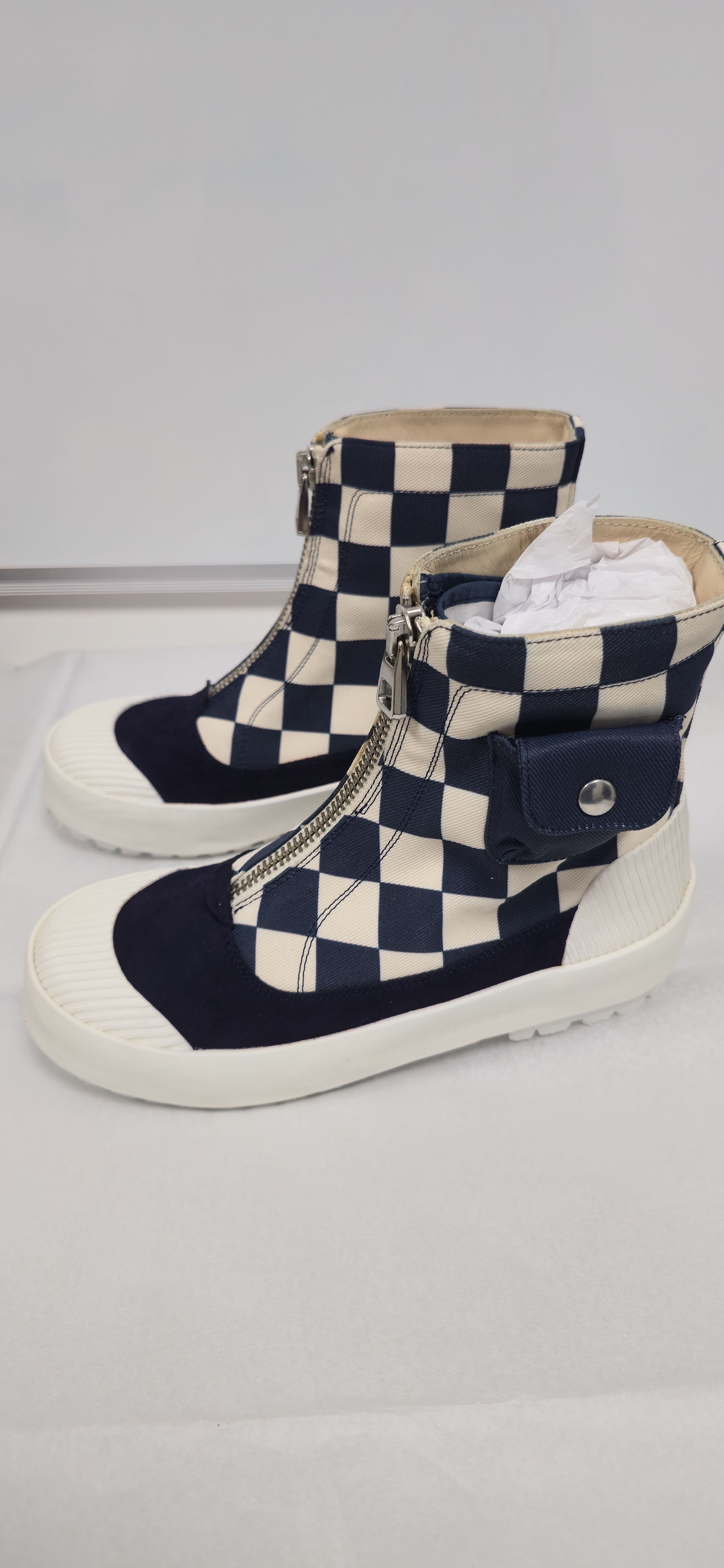 JW Anderson Navy Checkerboard Zip Cargo Pocket Boots RRP $400 Size US 8 / IT 38 - 2 Thumbnail