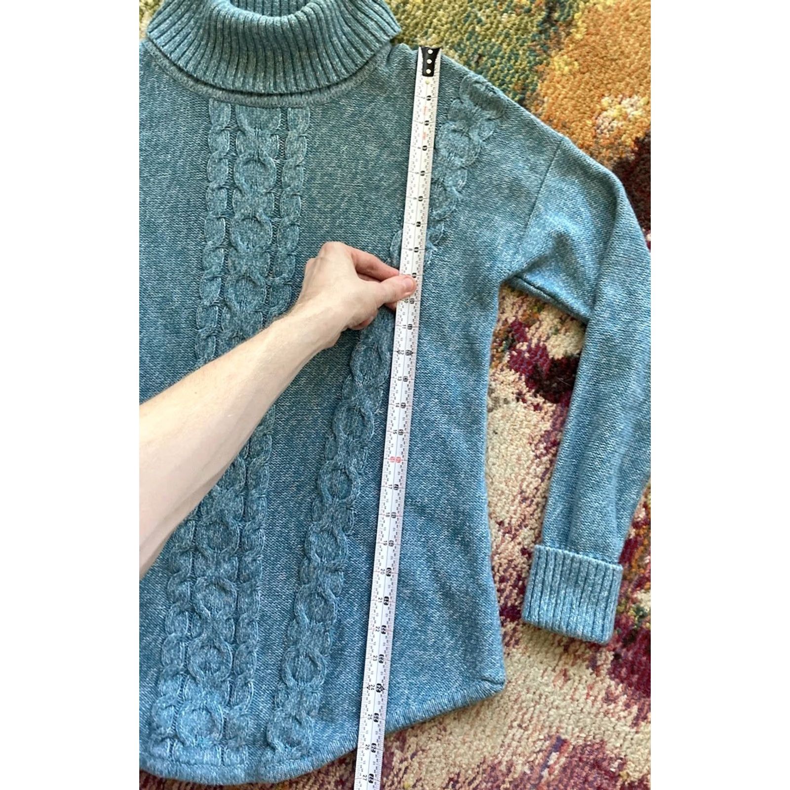 Vintage L.L. Bean Sweater Womens Large Turquoise Cotton Cable Knit Turtleneck Size L / US 10 / IT 46 - 6 Thumbnail