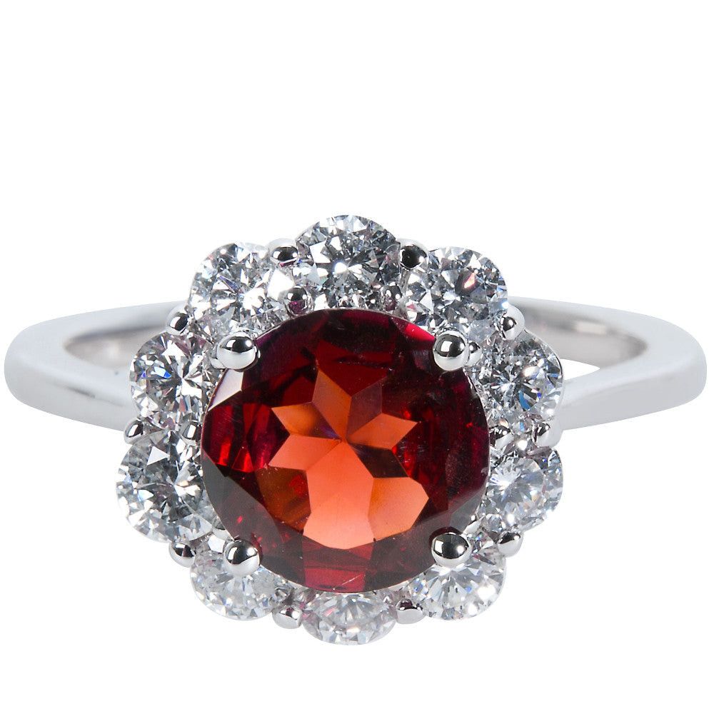 image of Tiffany Co Diamond Halo Ring With Garnet Center In 14Kt White Gold (1 Ctw), Women's