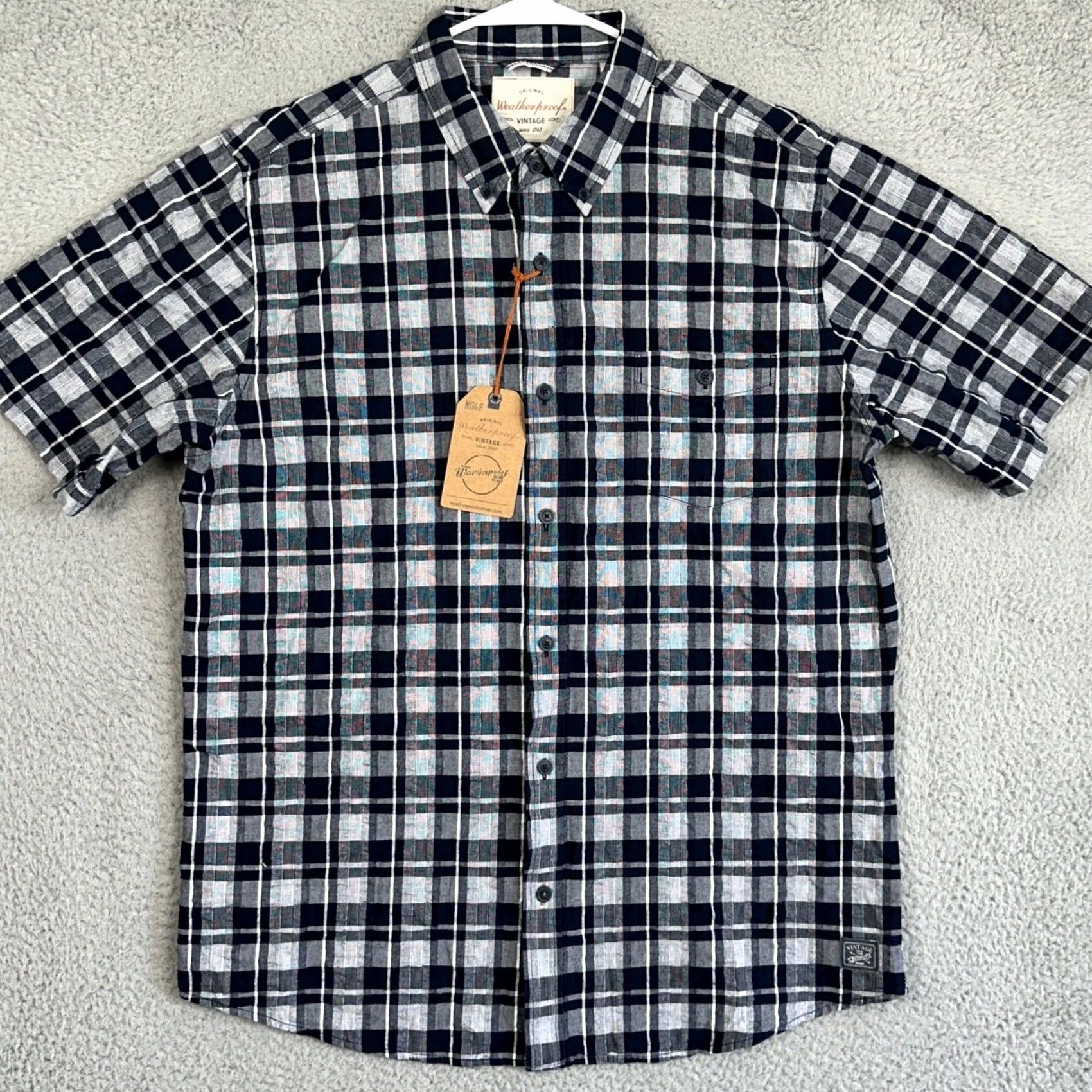 Weatherproof VINTAGE Weatherproof Plaid Shirt Mens Large Navy White Button-Down Collared Pocket Short Sleeve Casual Workwear Size US L / EU 52-54 / 3 - 3 Thumbnail