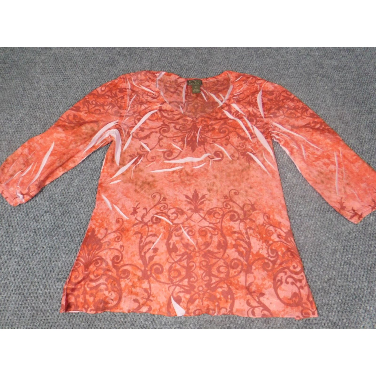 Vintage Jane Ashley Blouse Women L Peach Floral V-Neck Pullover Stretch Top Casual Long Sleeve Ruffle Polyester Rayon Orange Size L / US 10 / IT 46 - 2 Thumbnail