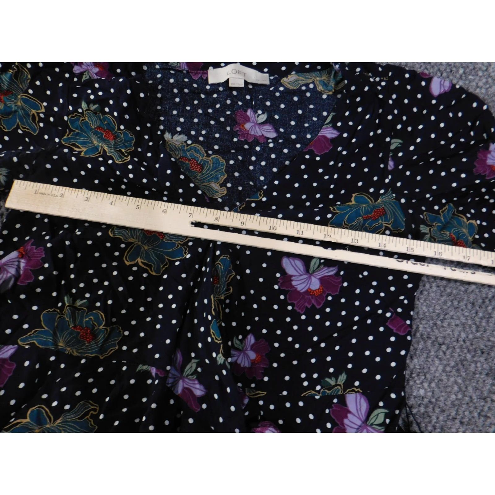 Loft LOFT Shirt Womens XS Petite Navy Blue Polka Dot Floral Wrap Tie Waist V Neck Puff Sleeve Button Ruffle Lightweight Blouse Size XS / US 0-2 / IT 36-38 - 5 Thumbnail
