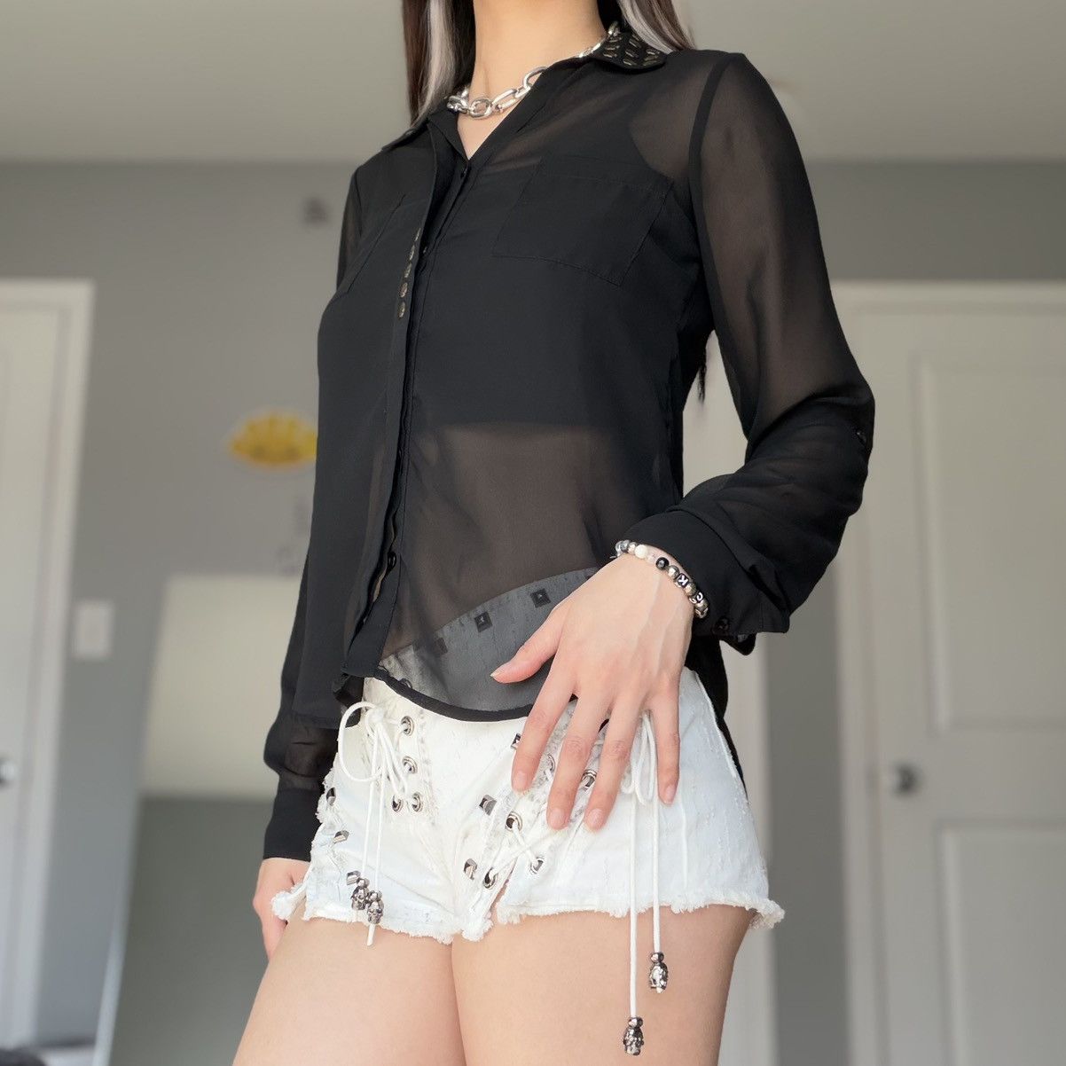 Other Fun & Flirt Sheer Black Skull Studded Button-Up Blouse Size S / US 4 / IT 40 - 5 Thumbnail