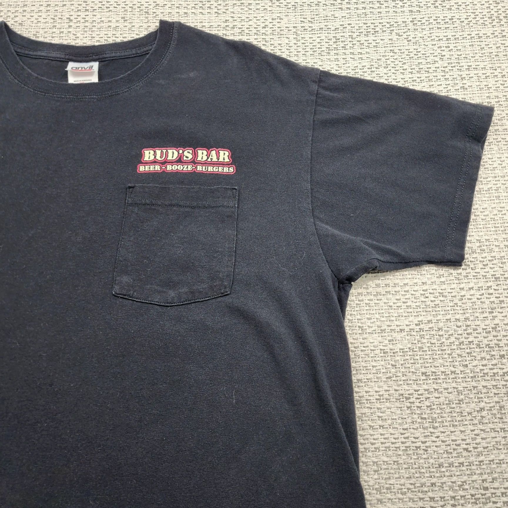 Anvil Buds Bar Shirt Mens XL Black Pocket Graphic Beer Booze Burgers Anvil Cotton Shirt Mens XL Black Pocket Graphic Tee Buds Bar Graphic Tee Size US XL / EU 56 / 4 - 4 Thumbnail