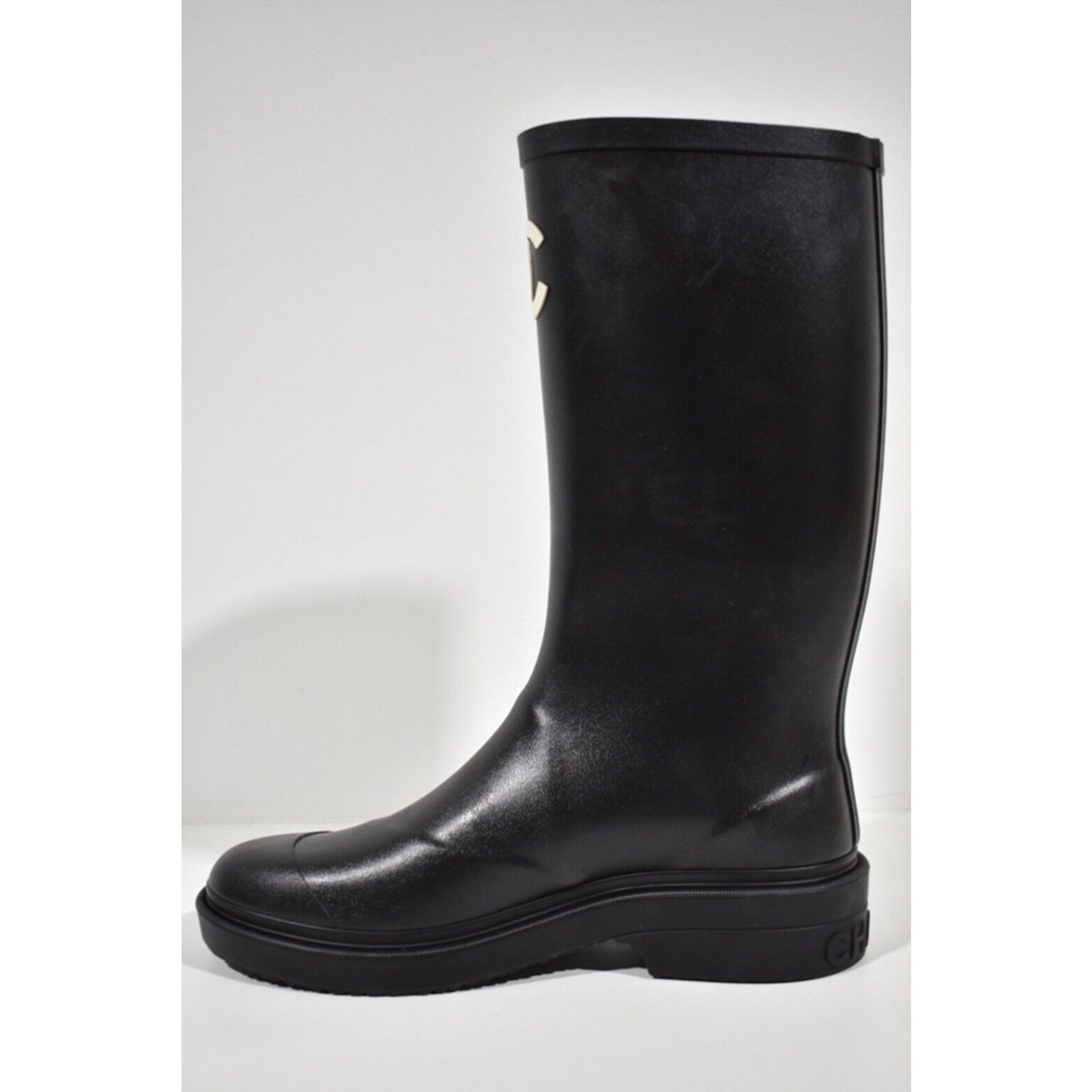 Chanel REV Black White CC Logo High Rubber Rain Boots 35