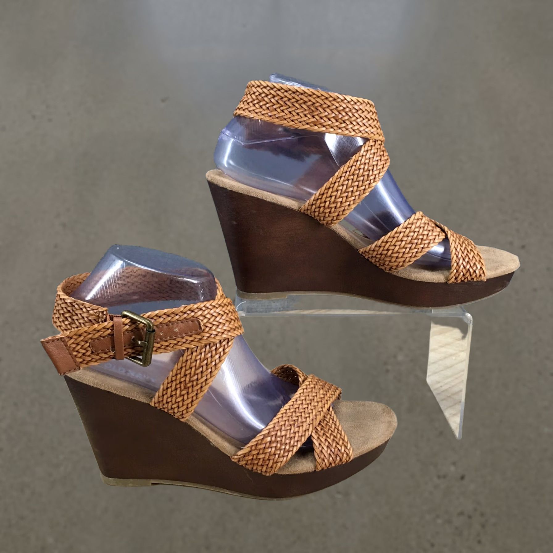 Old Navy Old Navy Heels Womens 9 Pump Brown Faux Leather Buckle Cross Strap Wedge Heels Size US 9 / IT 39 - 1 Thumbnail