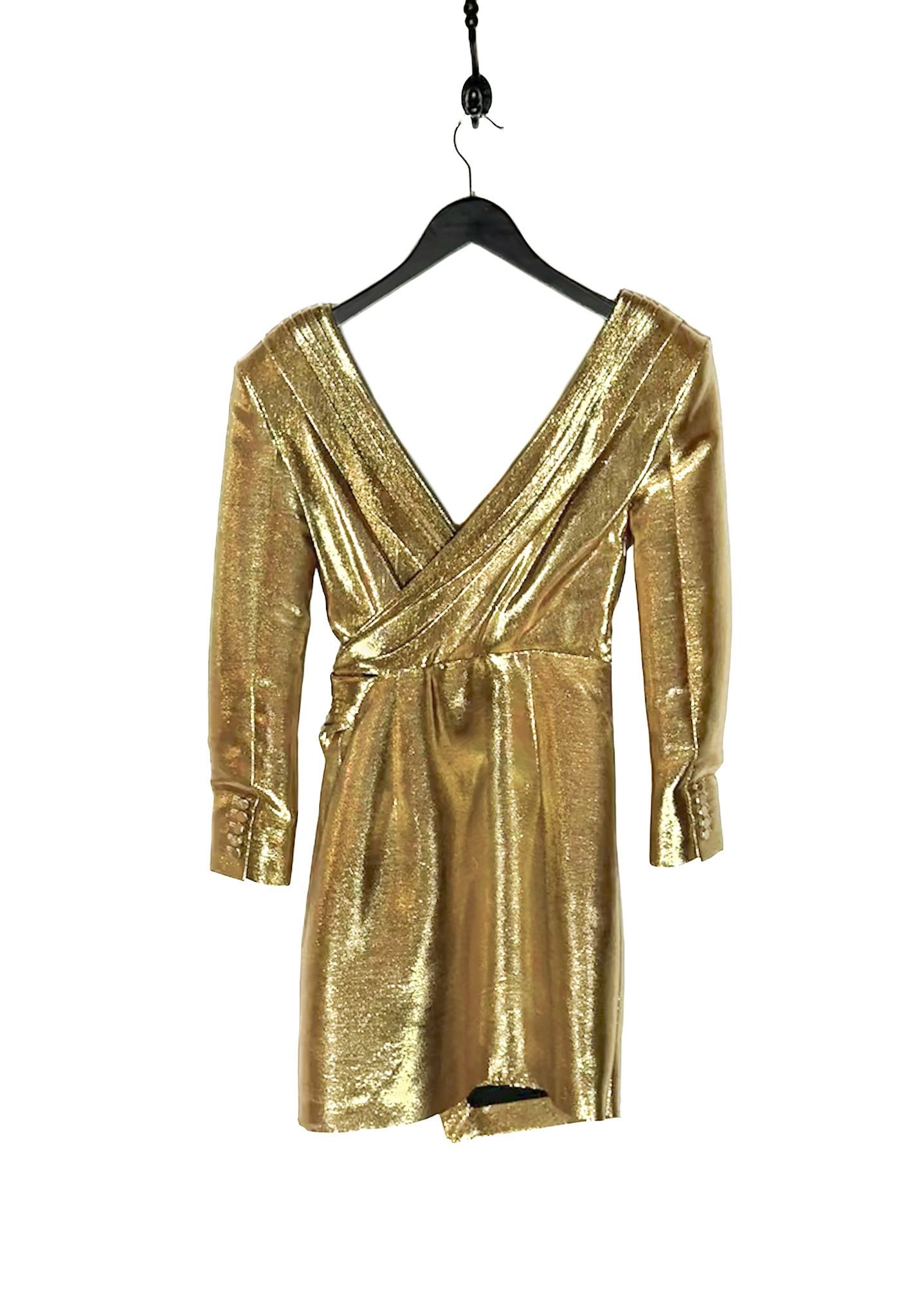 Saint Laurent Paris Saint Laurent 2014 Runway Gold Lamé Long Sleeves Mini Dress Size S / US 4 / IT 40 - 4 Thumbnail