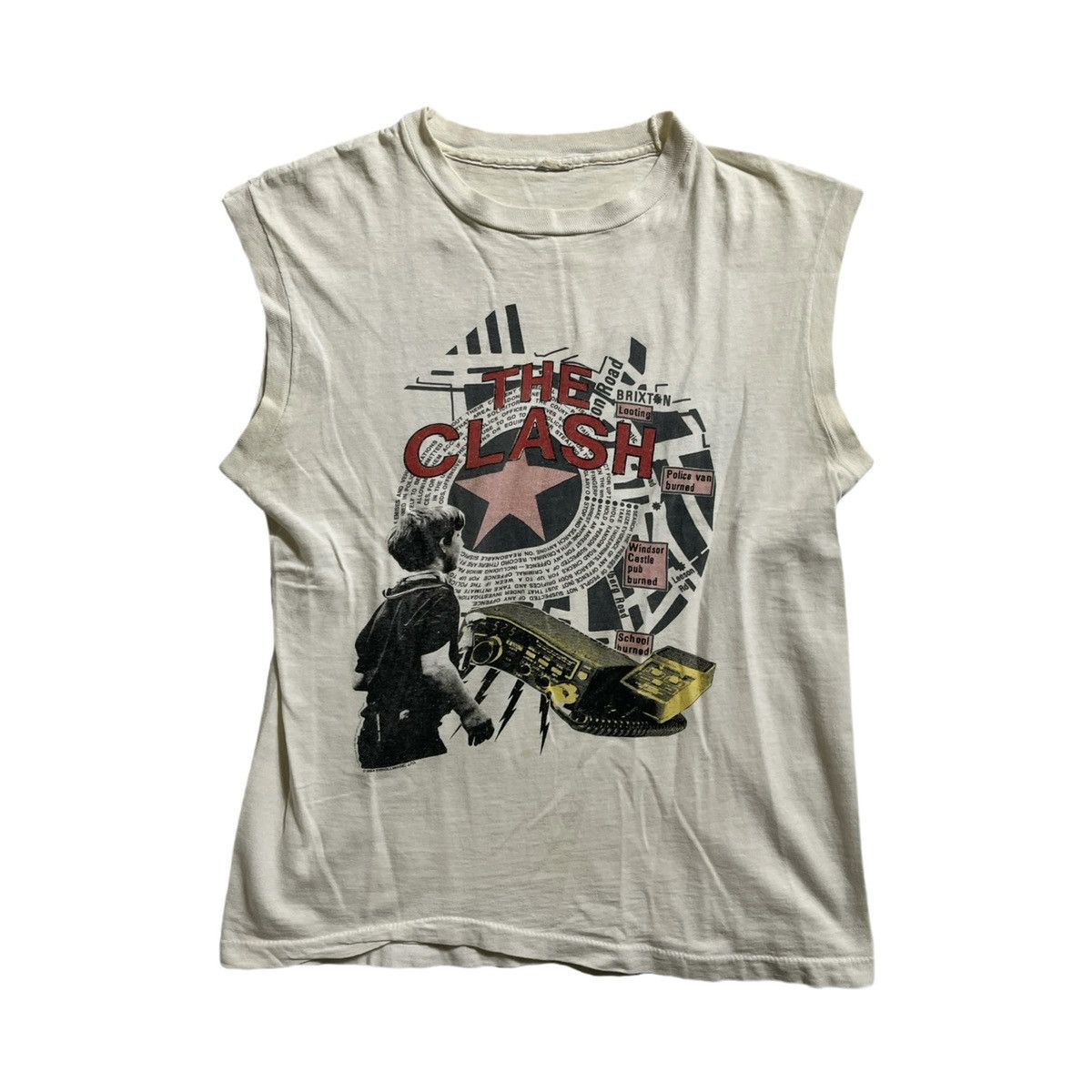 image of Band Tees x Vintage 80's 1984 The Clash Out Of Control Sleeveless T-Shirt in White (Size Medium)
