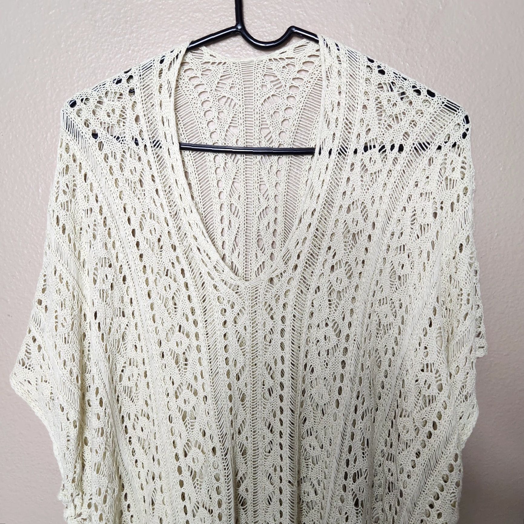 Vintage Womens Ivory Crochet Side Tie Open Knit Boho Cover Up | M | Blouse Tunic Beach Bohemian Travel Casual Womens Size M / US 6-8 / IT 42-44 - 3 Thumbnail