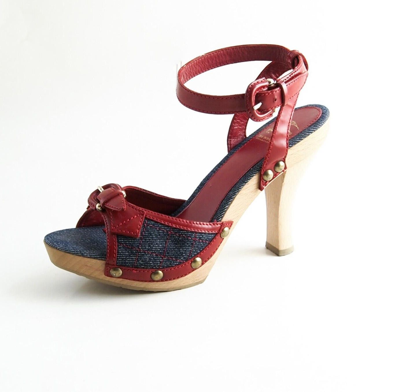 Burberry Burberry Open Toe Sandals Blue Denim Red Leather US 8 EU 38 Size US 8 / IT 38 - 1 Thumbnail