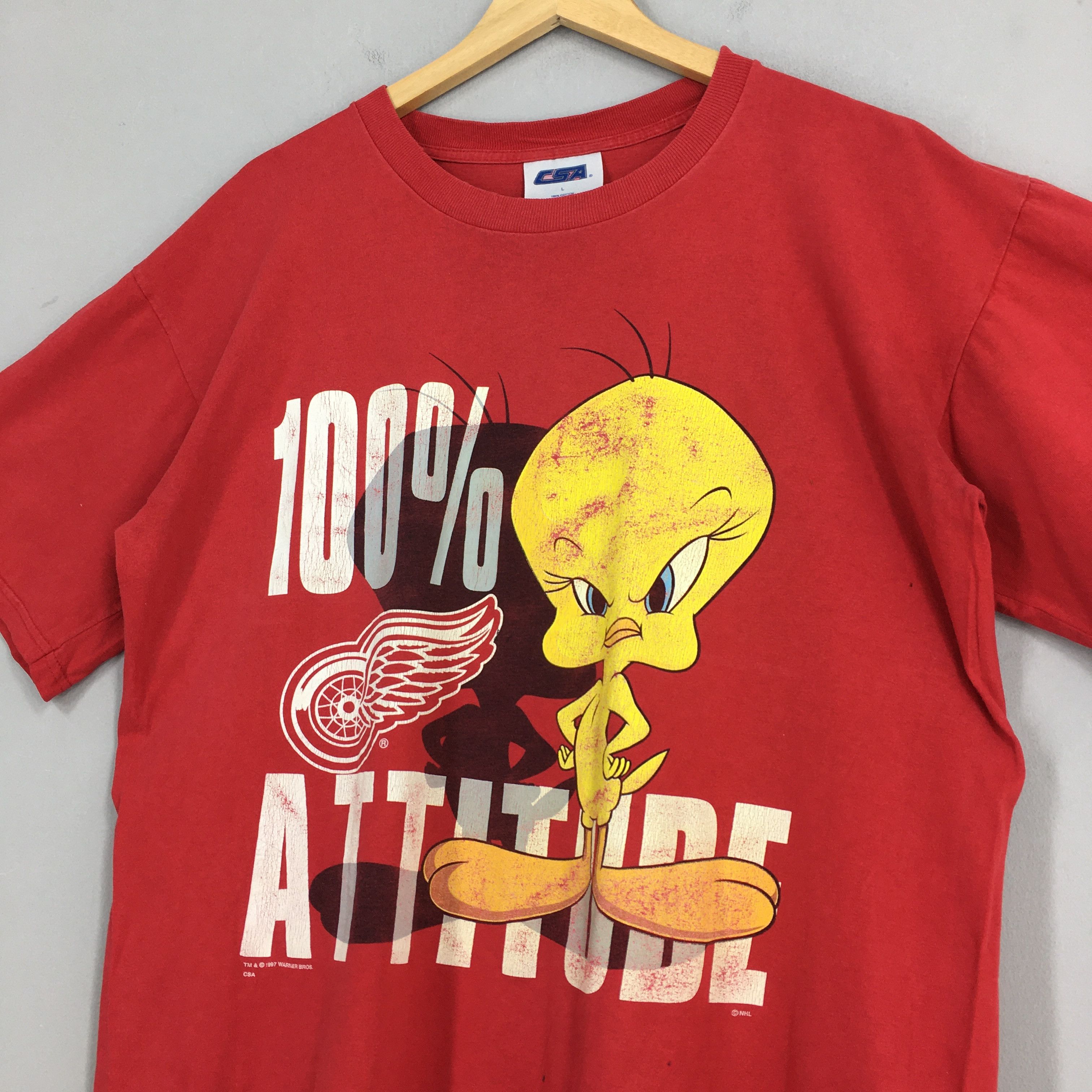 NHL × Warner Bros Vintage 90's Detroit Red Wings Tweety Nhl Red T shirt L Size US L / EU 52-54 / 3 - 3 Thumbnail