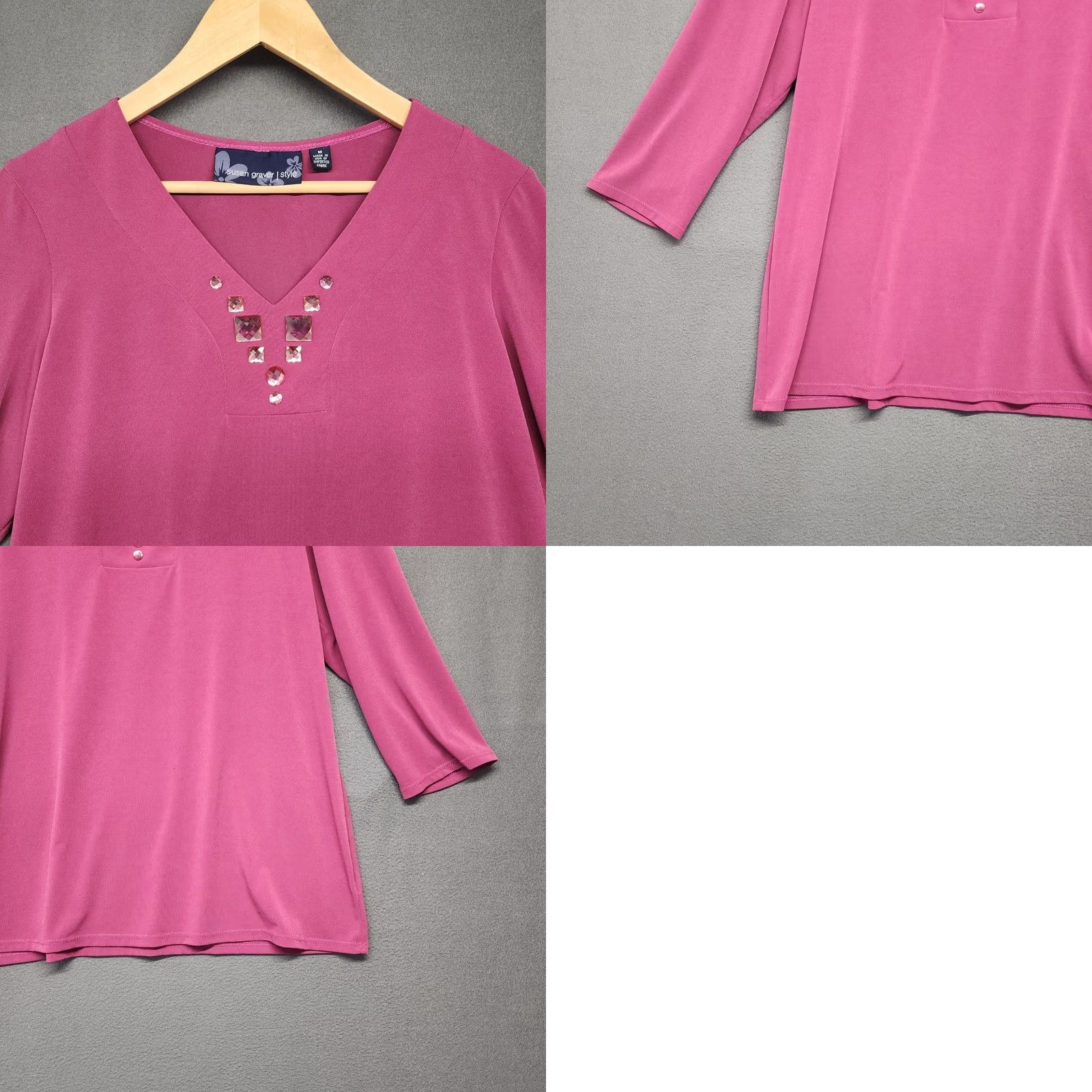 Vintage Susan Graver Top Womens Medium Purple Rhinestone V Neck Blouse Size M / US 6-8 / IT 42-44 - 8 Thumbnail