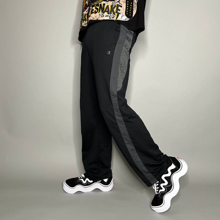 Vintage Champion Sweatpants Jet Black Polyester Grey Logo Baggy Fit ...