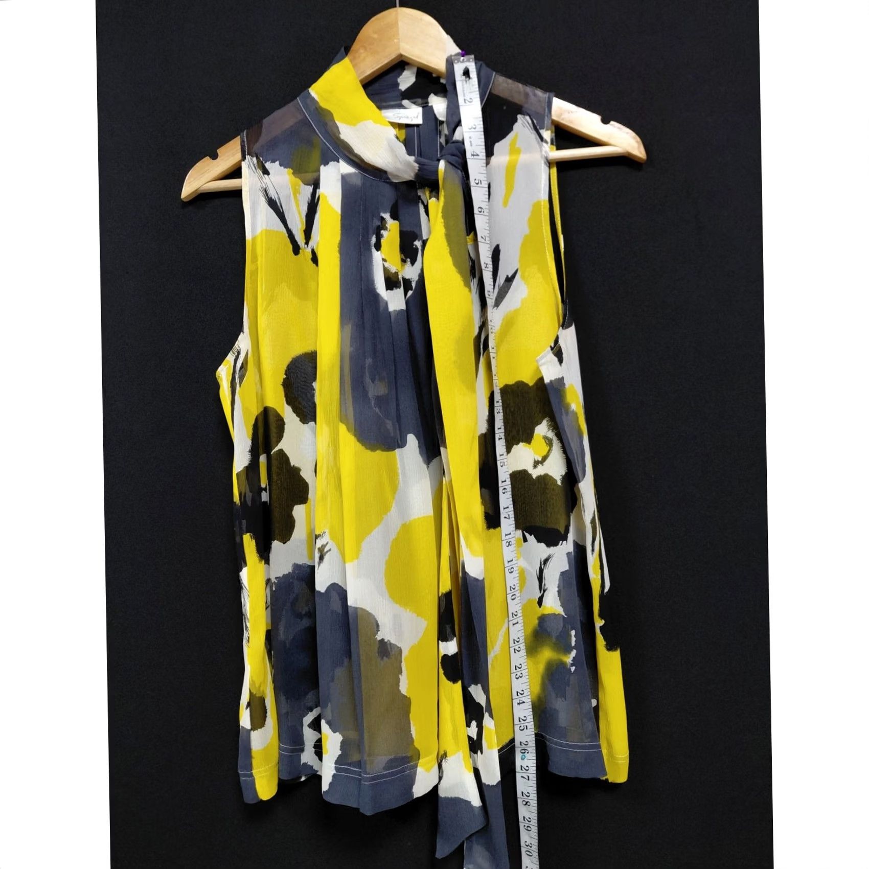 Escada Spiegel Silk Sleeveless Blouse Abstract Collared Women Size 12 Yellow Summer Casual Business Vintage No Sleeve Tie Pullover 100% Silk Blouse Size XL / US 12-14 / IT 48-50 - 6 Thumbnail