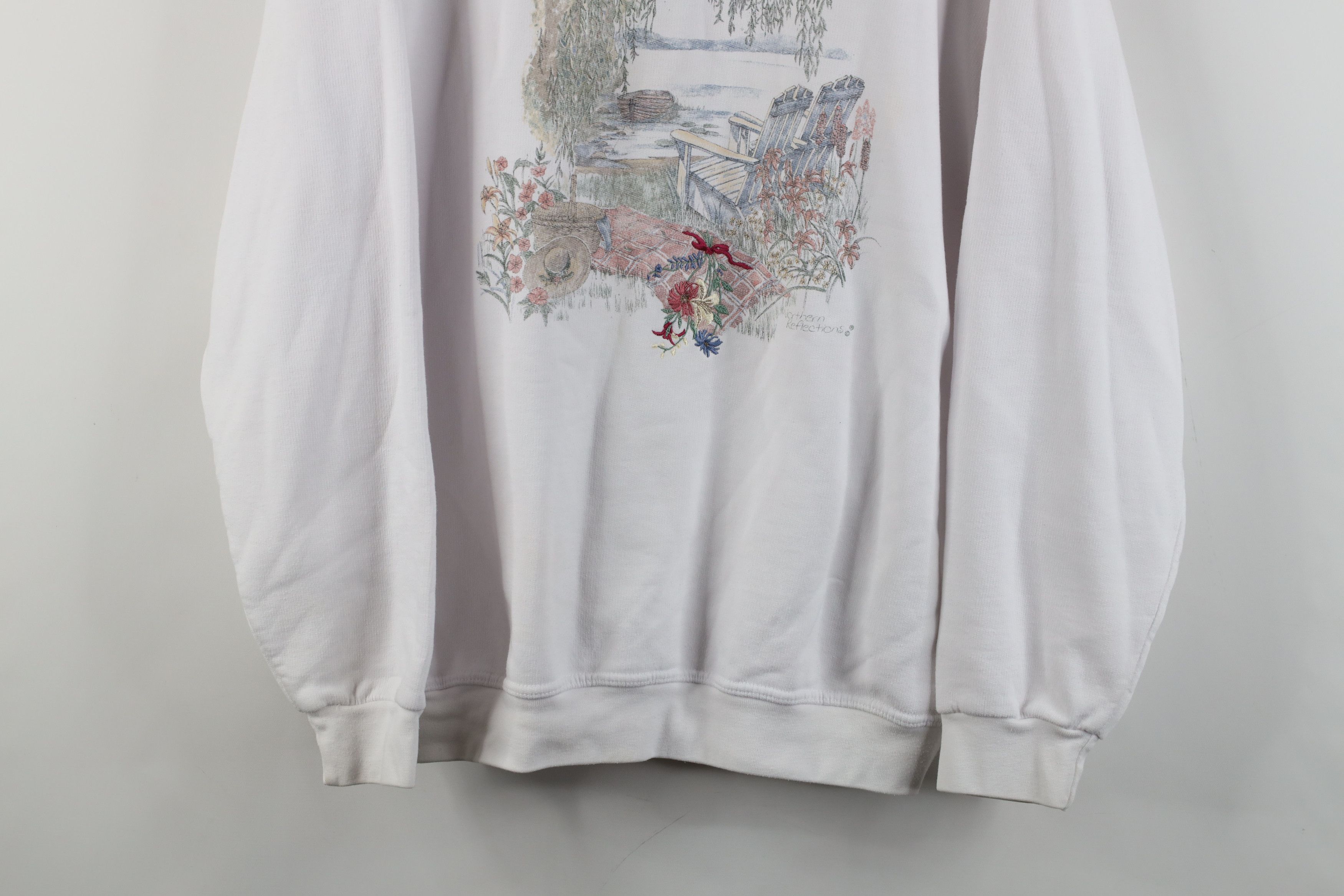 Vintage Vintage 90s Streetwear Cabin Flower Nature Sweatshirt White Size L / US 10 / IT 46 - 3 Thumbnail
