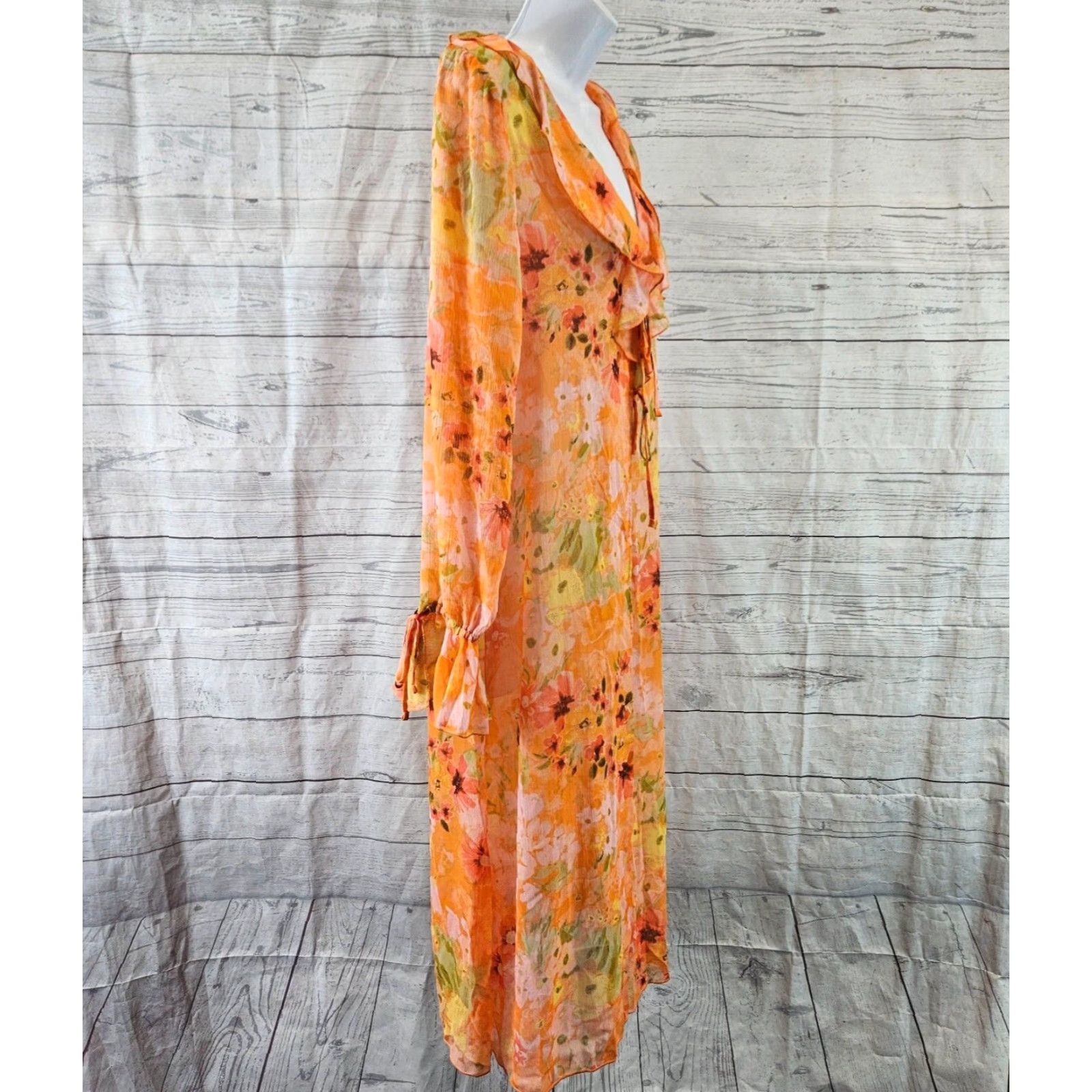 Vintage Wild Fable Duster Shirt XS Womens Orange Pink Floral Tie Front Sheer Blouse Size XS / US 0-2 / IT 36-38 - 3 Thumbnail