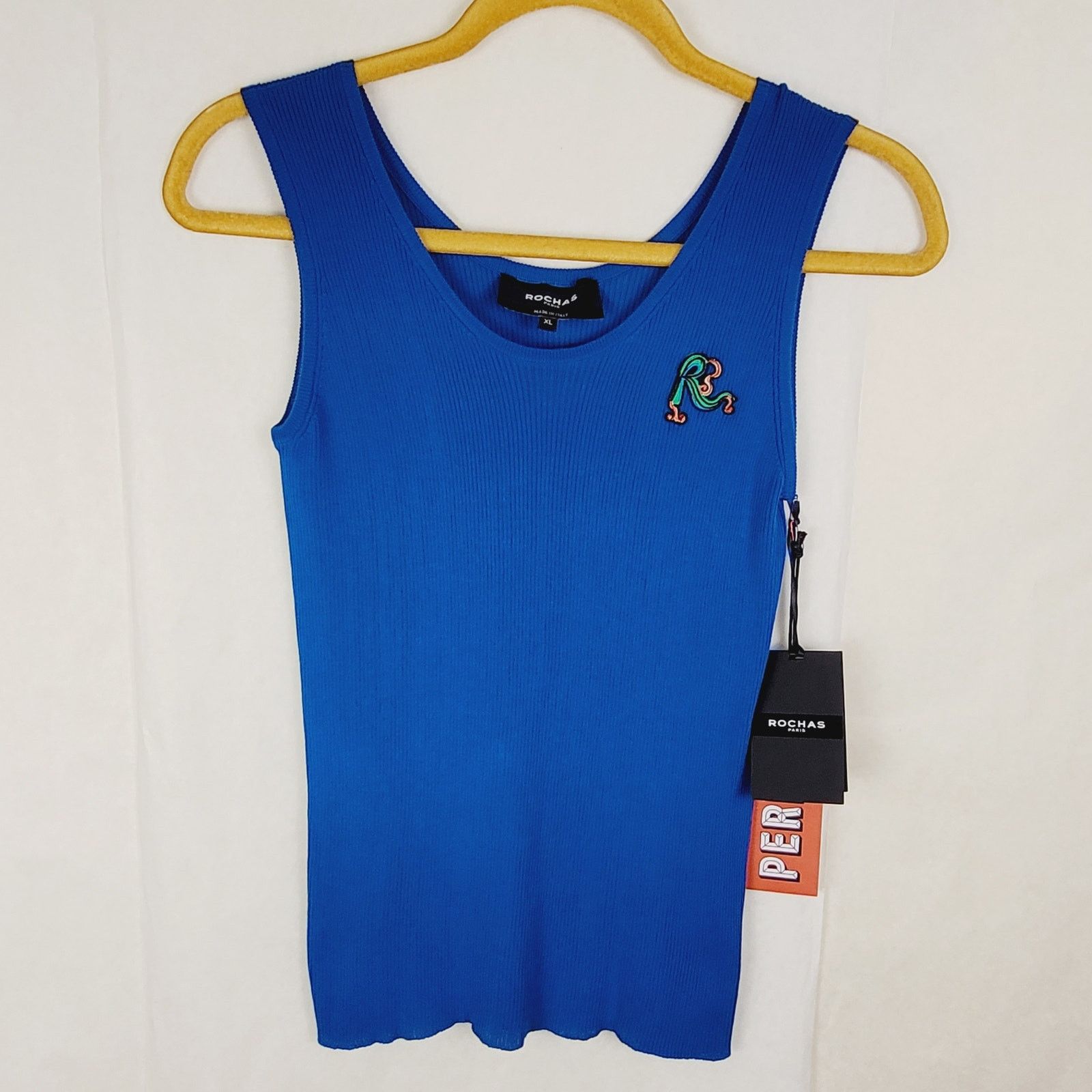Rochas NWT Rochas Paris Blue Ribbed Logo Tank Top Size XL Designer Size XL / US 12-14 / IT 48-50 - 1 Thumbnail