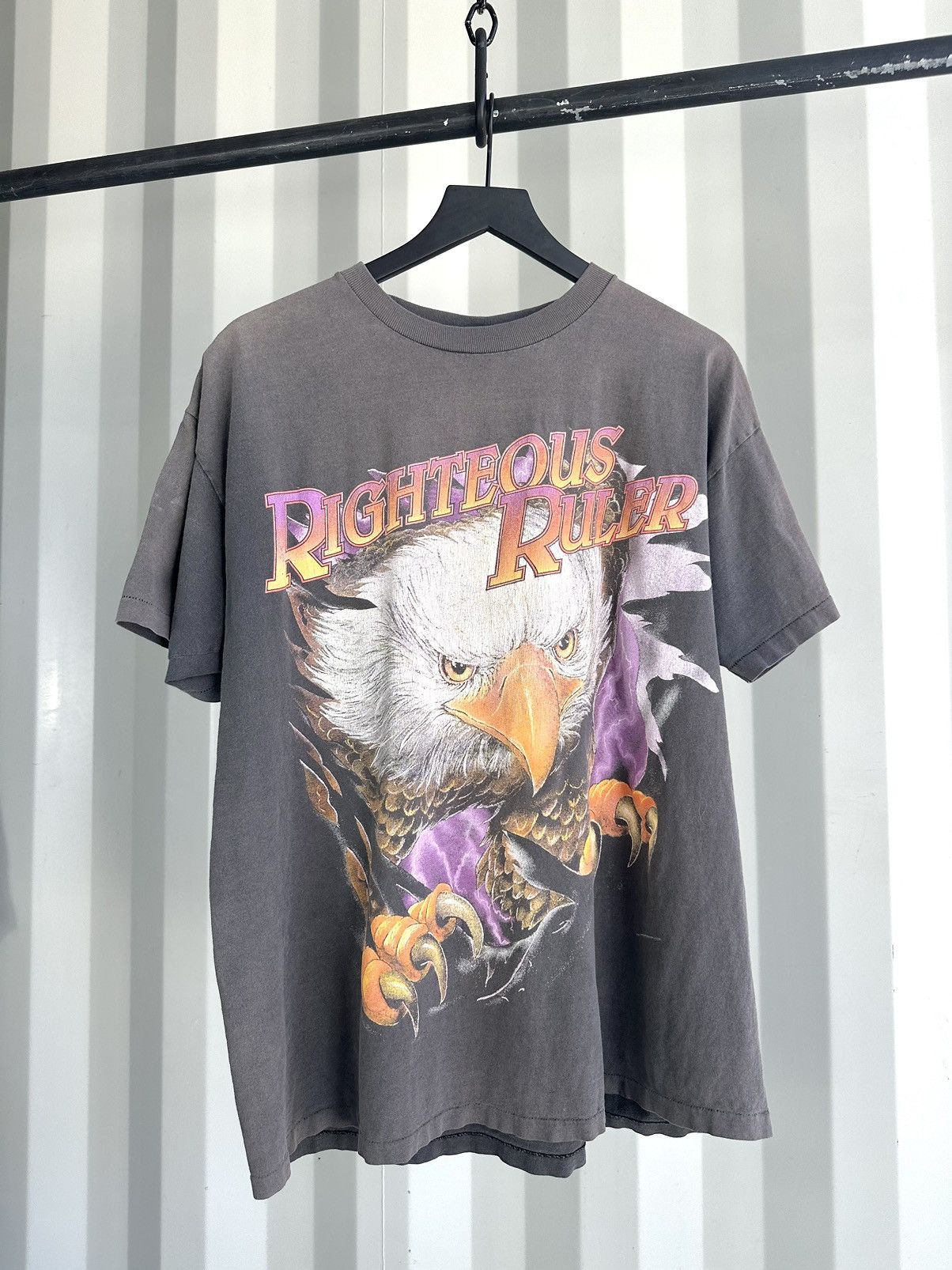 image of Vintage Sun Faded Eagle Motorcycle Shirt Righteous Ruler in Black, Men's (Size XL)