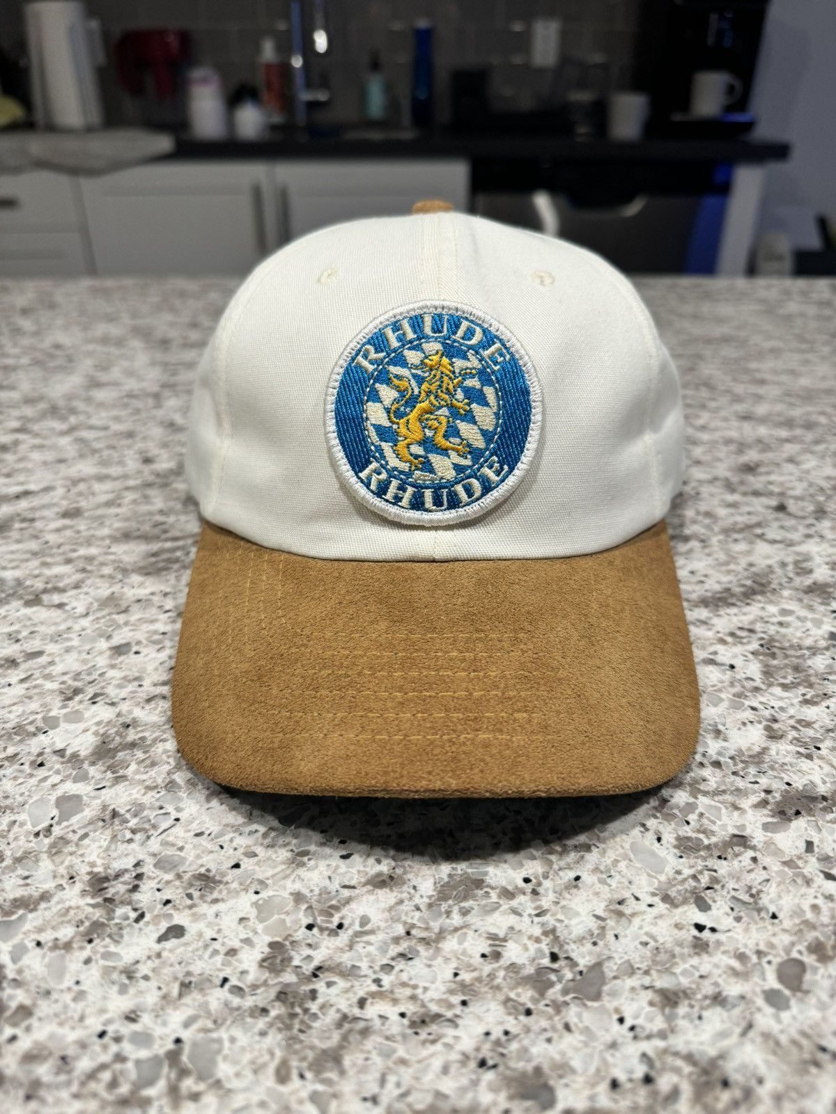 image of Rhude Suede Crest 6 Panel Hat In White, Men's
