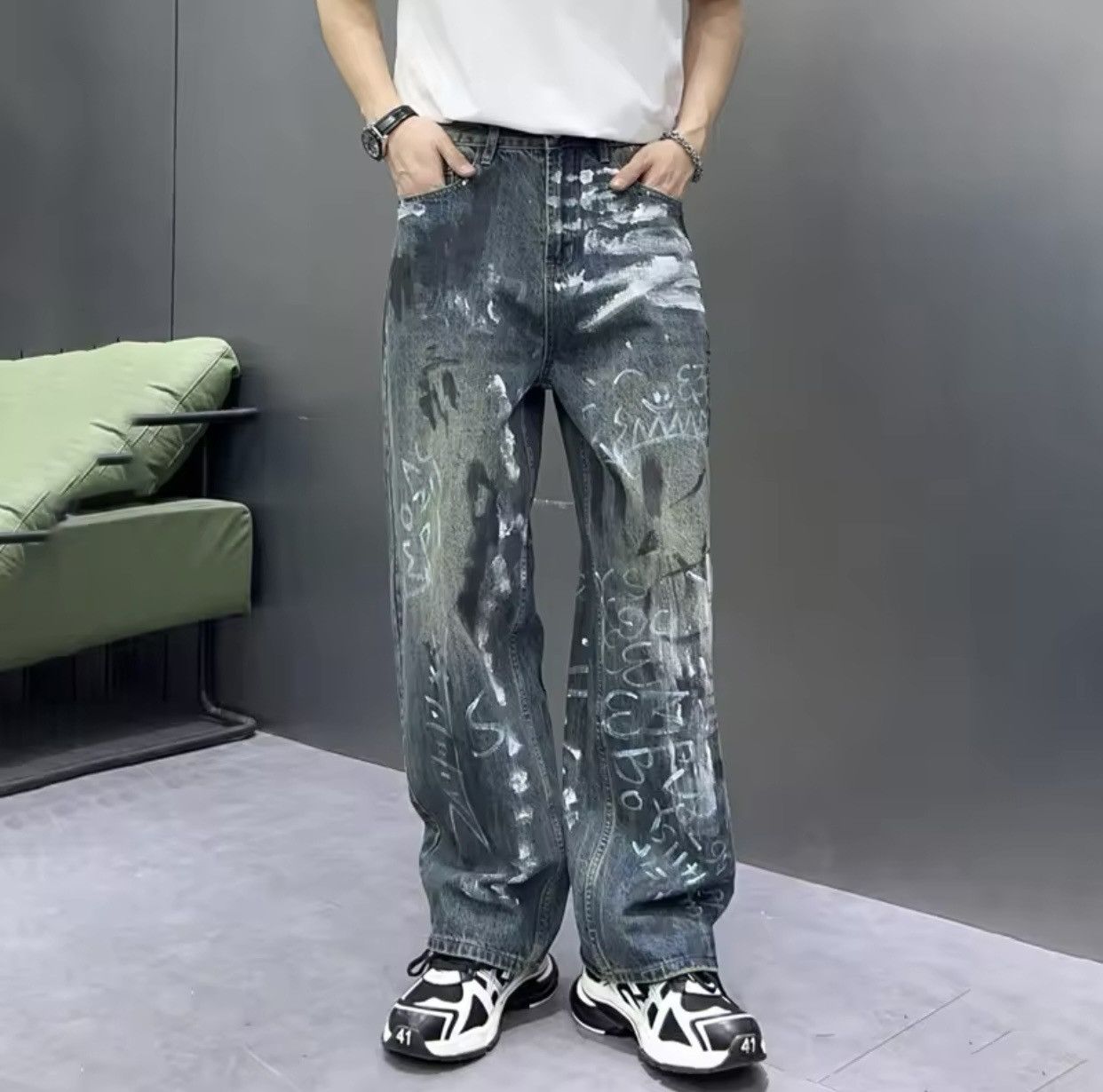 Japanese Brand × Vintage Y2K Baggy Jeans Vintage Blue Loosen Fit Hand-painted Denim Size US 37 - 1 Thumbnail