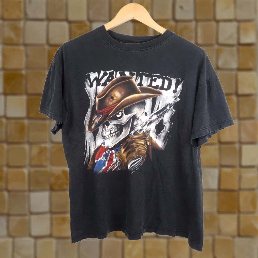 Vintage VINTAGE Thunder Sportswear T Shirt Black Wanted Skeleton Cowboy 3D Size L Mens Regular Cotton Graphic Tee 1990s Grunge Size US L / EU 52-54 / 3 - 1 Thumbnail