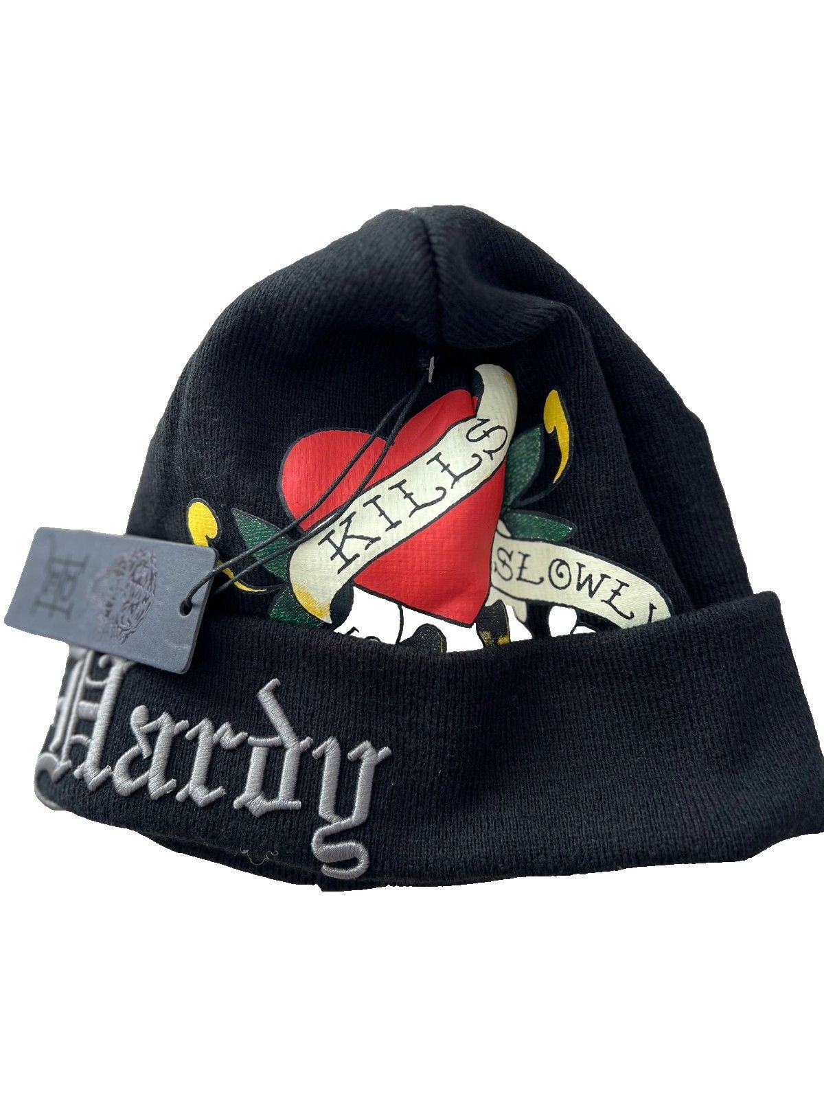 Ed Hardy Ed Hardy Knit Cuff Beanie Hat Skull Love Heart Black Size ONE SIZE - 2 Thumbnail
