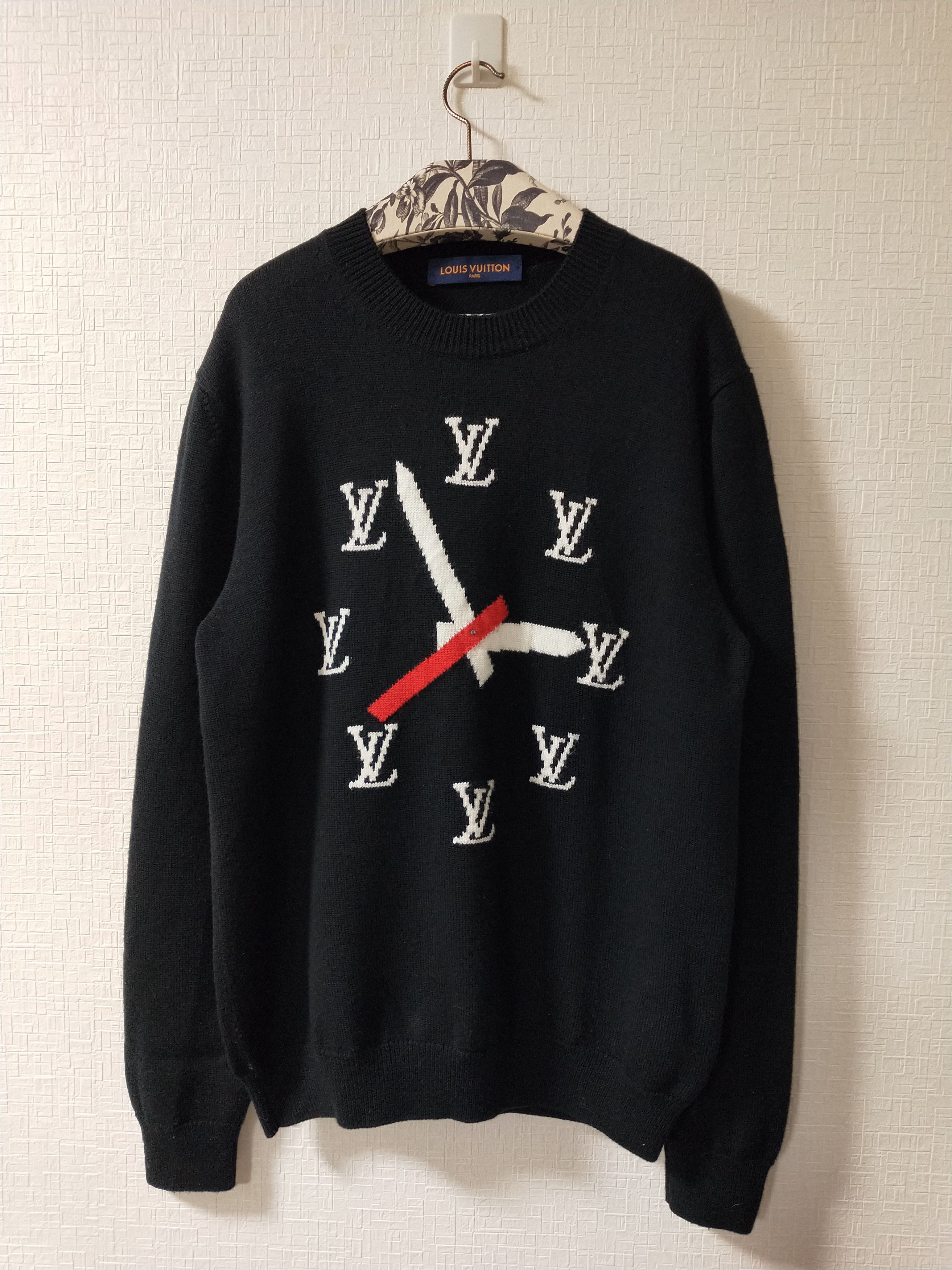 image of Louis Vuitton Intarsia Clock Logo Sweater in Black, Men's (Size Large)