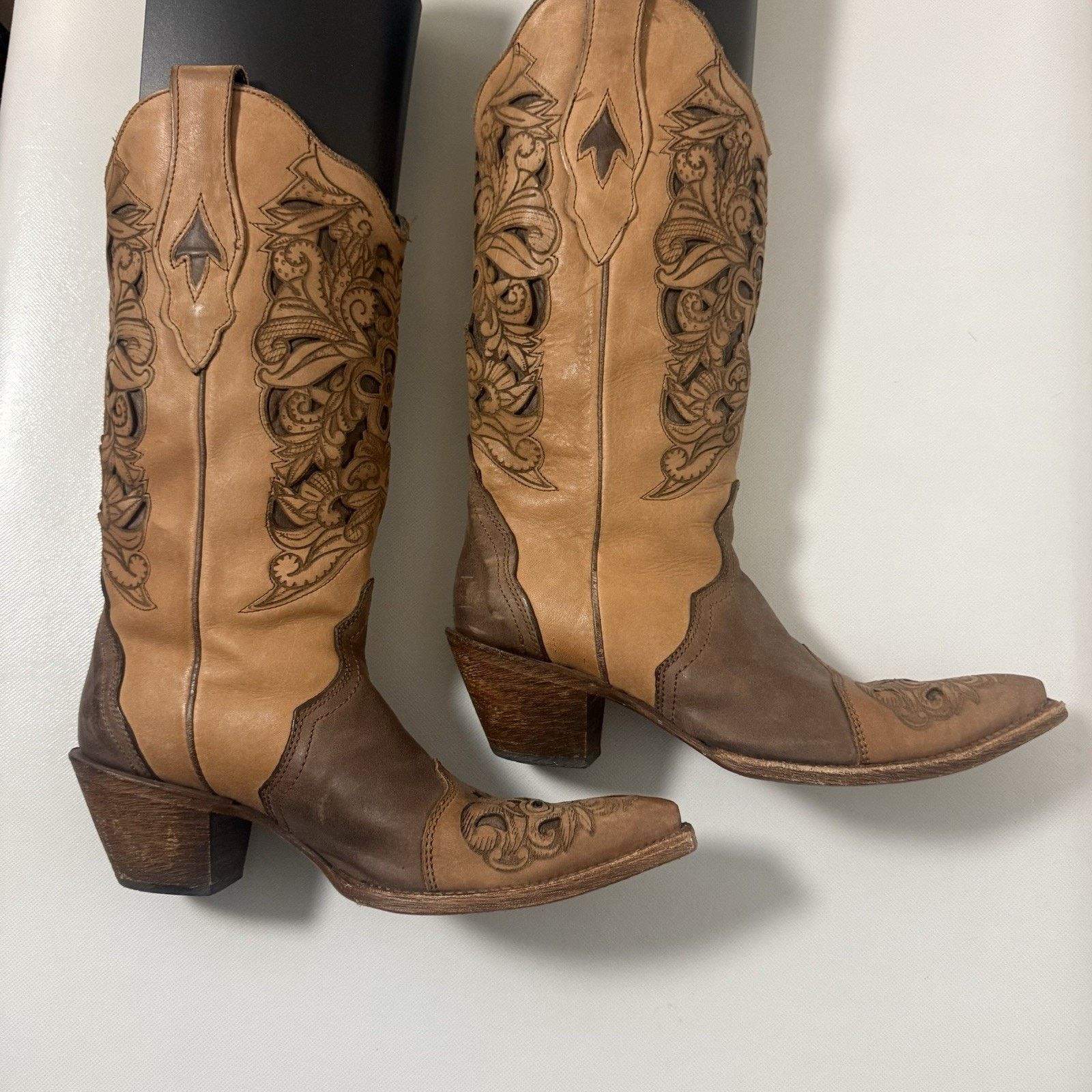 Corral Corral Brown Floral Inlay Snip Toe Cowgirl Western Boots Size US 8.5 / IT 38.5 - 5 Thumbnail