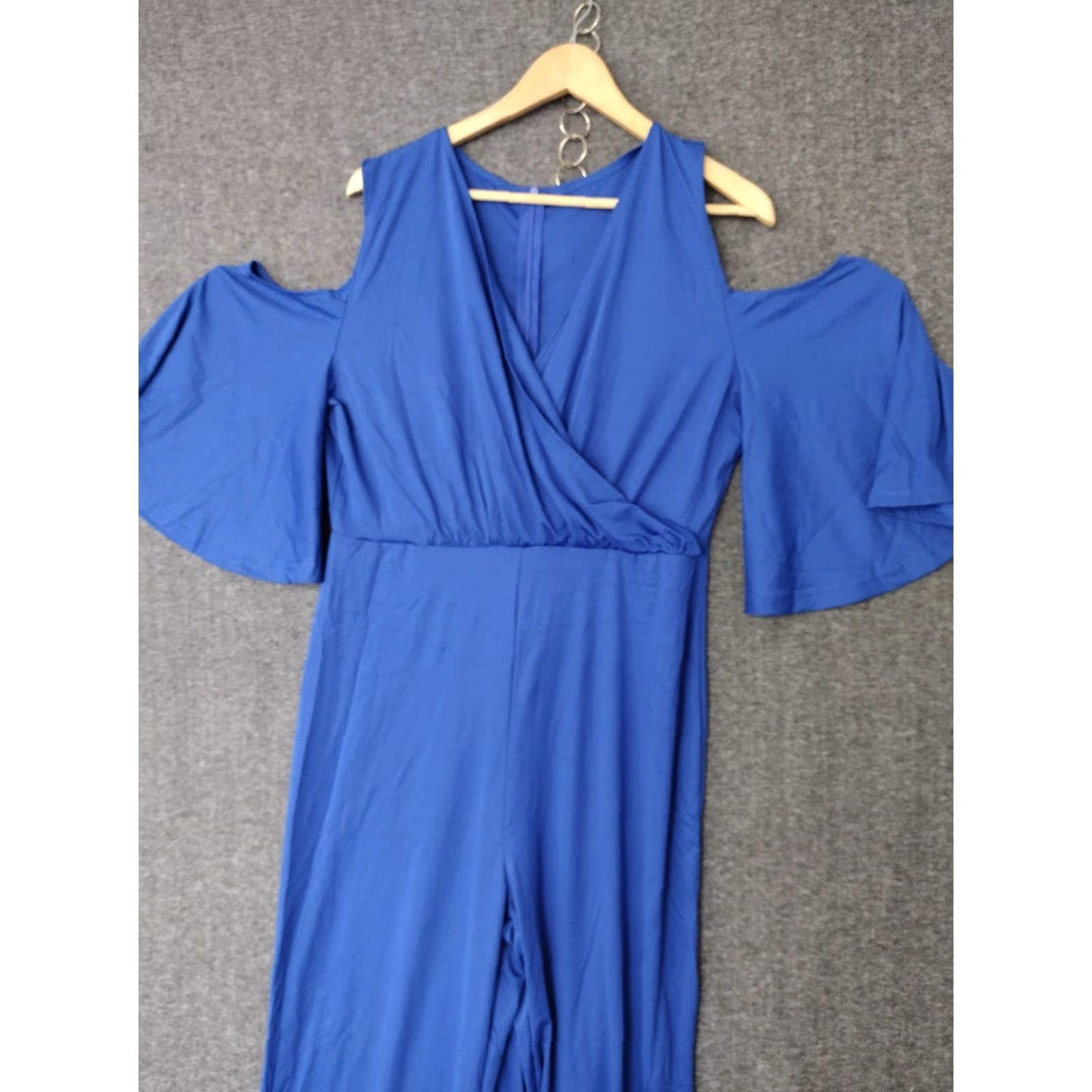 Vintage Women's Jumpsuit Casual 2XL V-Neck Short Sleeve Cold Shoulder Wide-Leg Blue Polyester Spandex One-Piece Size 40" / US 18 - 4 Thumbnail