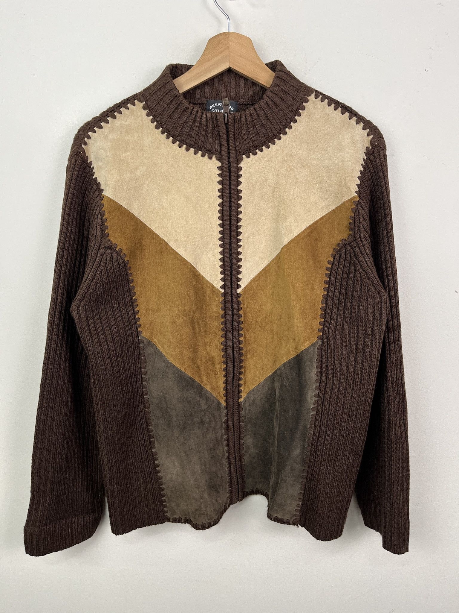 Vintage Vintage 90s Knit Sweater Leather Patchwork Full ZIp Knit Cardigan size L Size US L / EU 52-54 / 3 - 1 Thumbnail