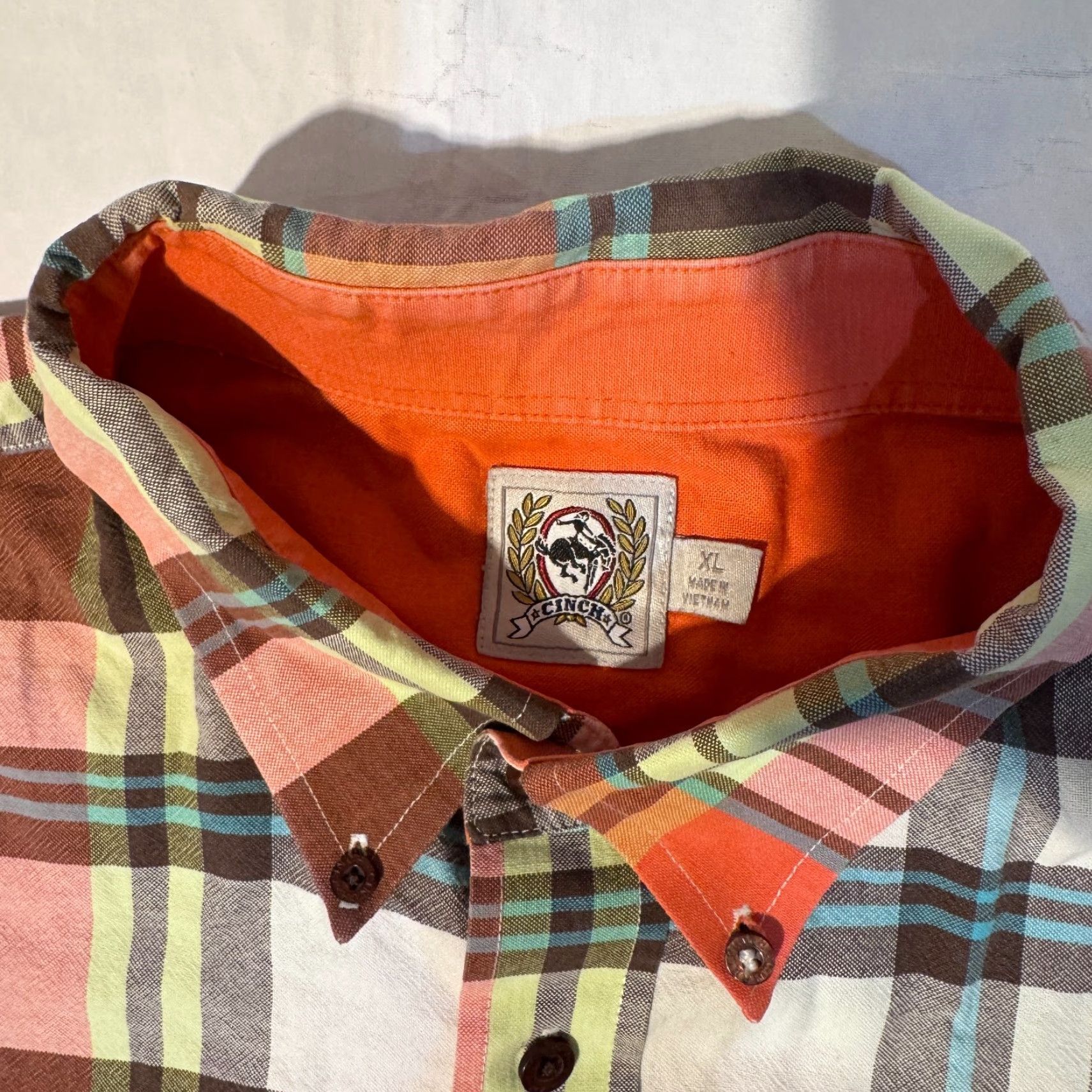 Vintage Cinch Western Orange Plaid Short Sleeve Button-Up Shirt XL Men Regular Canvas Cotton with Logo, Button-Down Collar, Rodeo Theme Size US XL / EU 56 / 4 - 2 Thumbnail