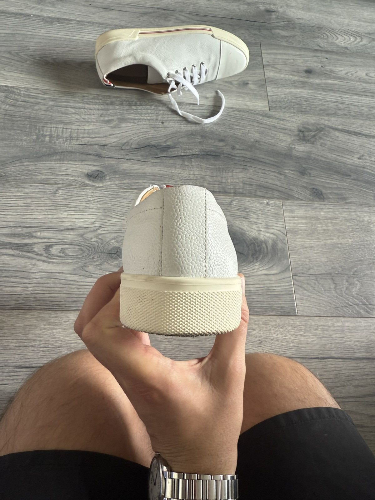 Thom Browne White Pebbled Leather Low-Top Sneakers Size US 7 / EU 40 - 8 Thumbnail