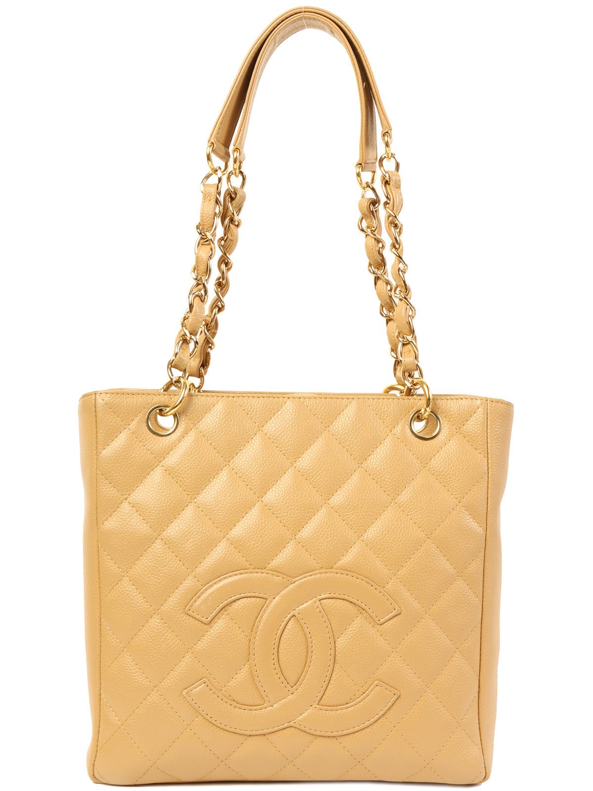 image of Chanel Around 2004 Made Caviar Skin Cc Mark Stitch Chain Tote Bag Beige in White, Women's