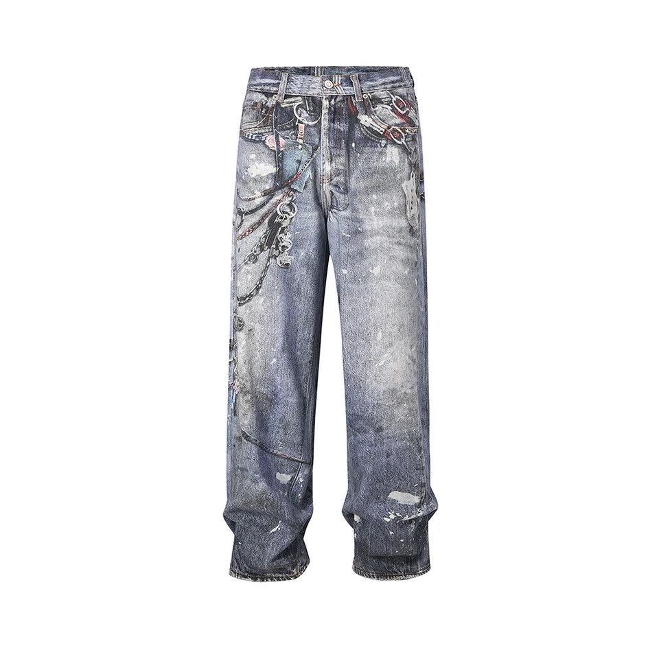 Jean × Vintage High Street Chain Print Washed Baggy Size US 31 - 4 Thumbnail