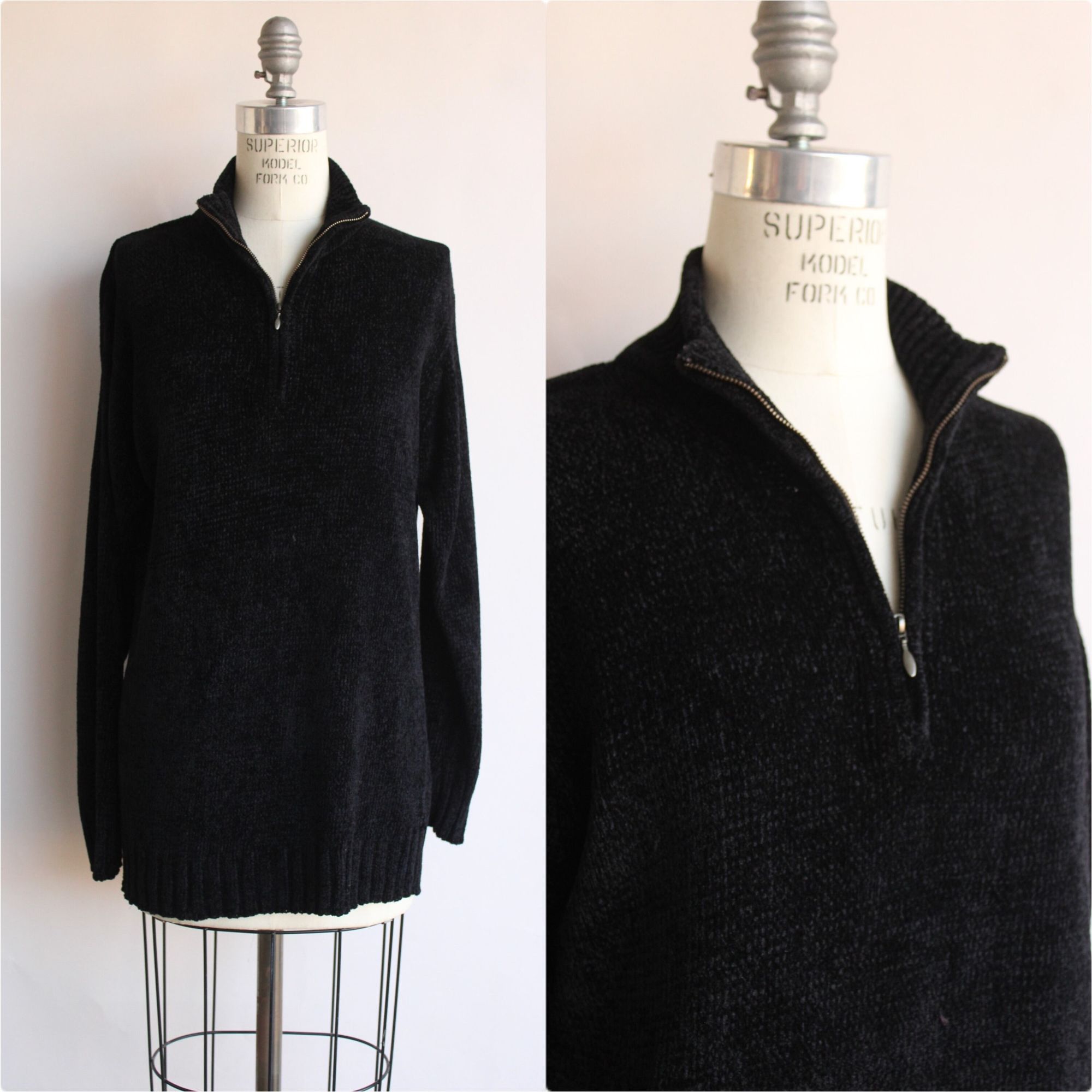 Vintage Vintage 1990s 2000s Sweater, Black Chenille Zipper Mock Neck Size L / US 10 / IT 46 - 1 Thumbnail