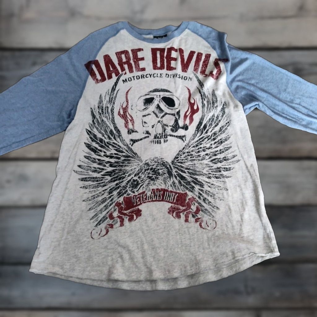 Vintage VINTAGE XG Raglan Sleeve Tee Shirt Men XL White Blue Biker Dare Devils Motorcycle T-Shirt Shirt Crew 3/4 Sleeve Size US XL / EU 56 / 4 - 1 Thumbnail