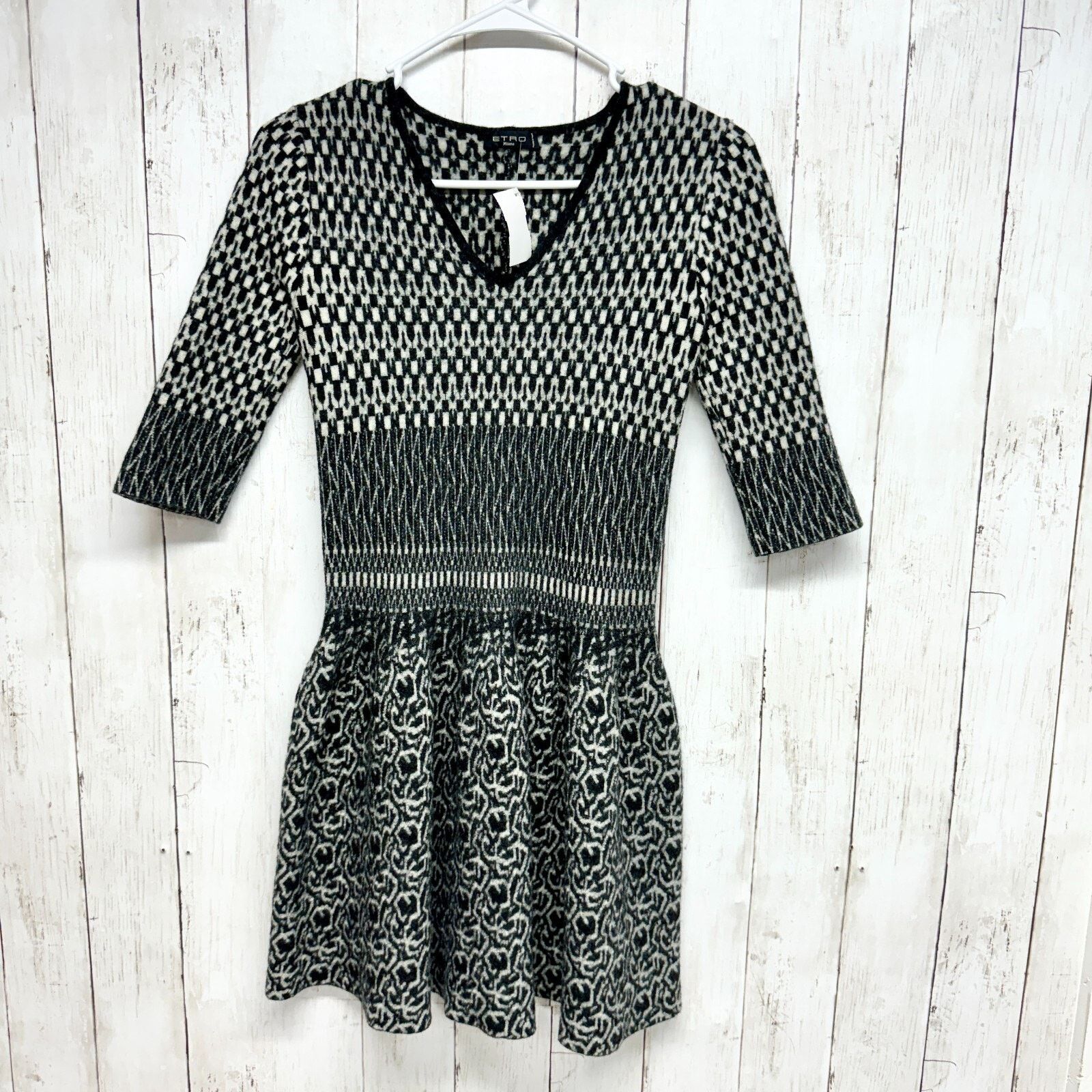 Etro XS Mini Knit Black White 3/4 Sleeve 100% Lana Wool