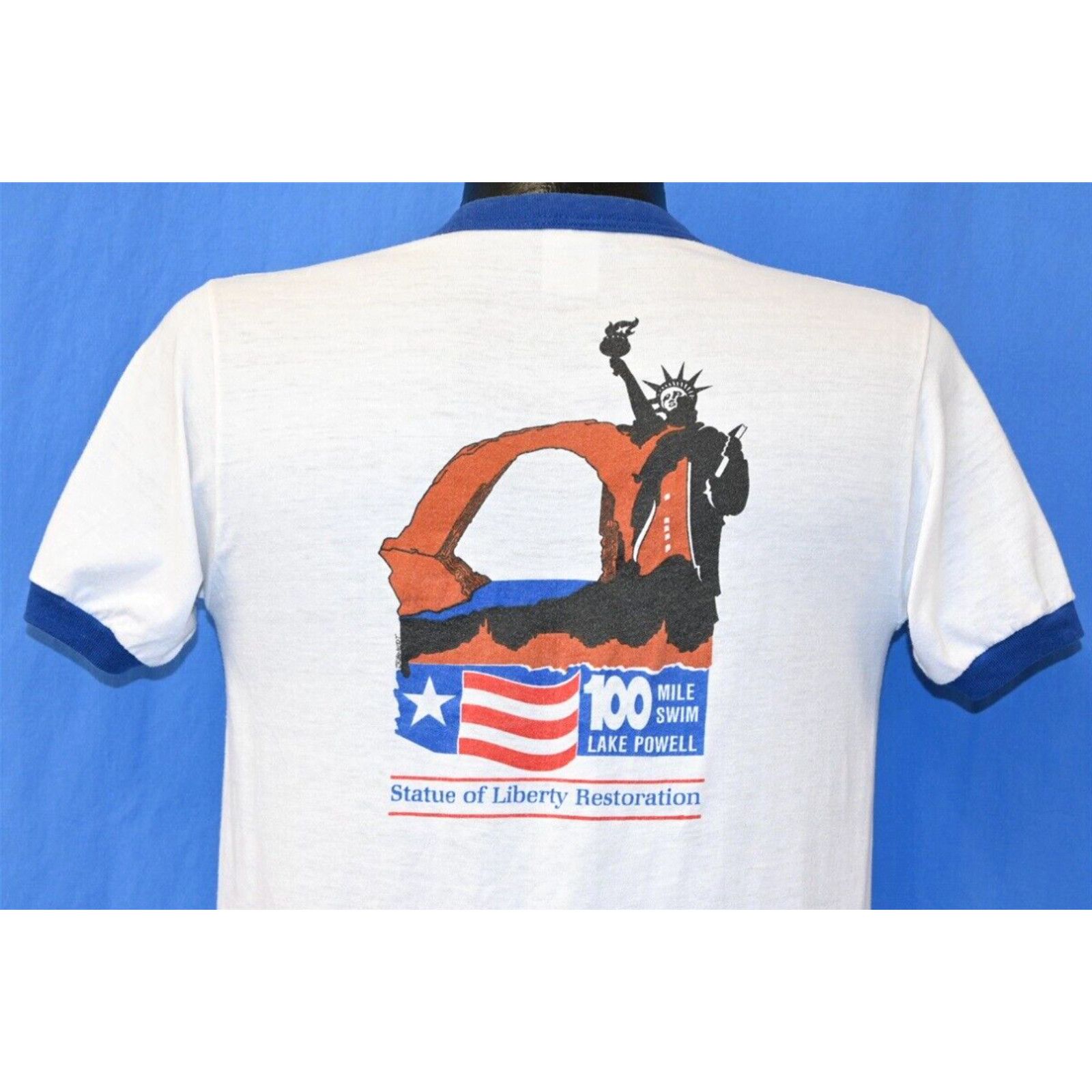 image of VTG 80's Lake Powell Swim Arizona Statue Of Liberty Restoration Ringer T-Shirt S in White (Size Sma