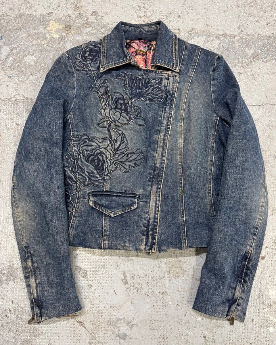 2000s Roberto Cavalli Flowers Asymmetrical Denim Jacket