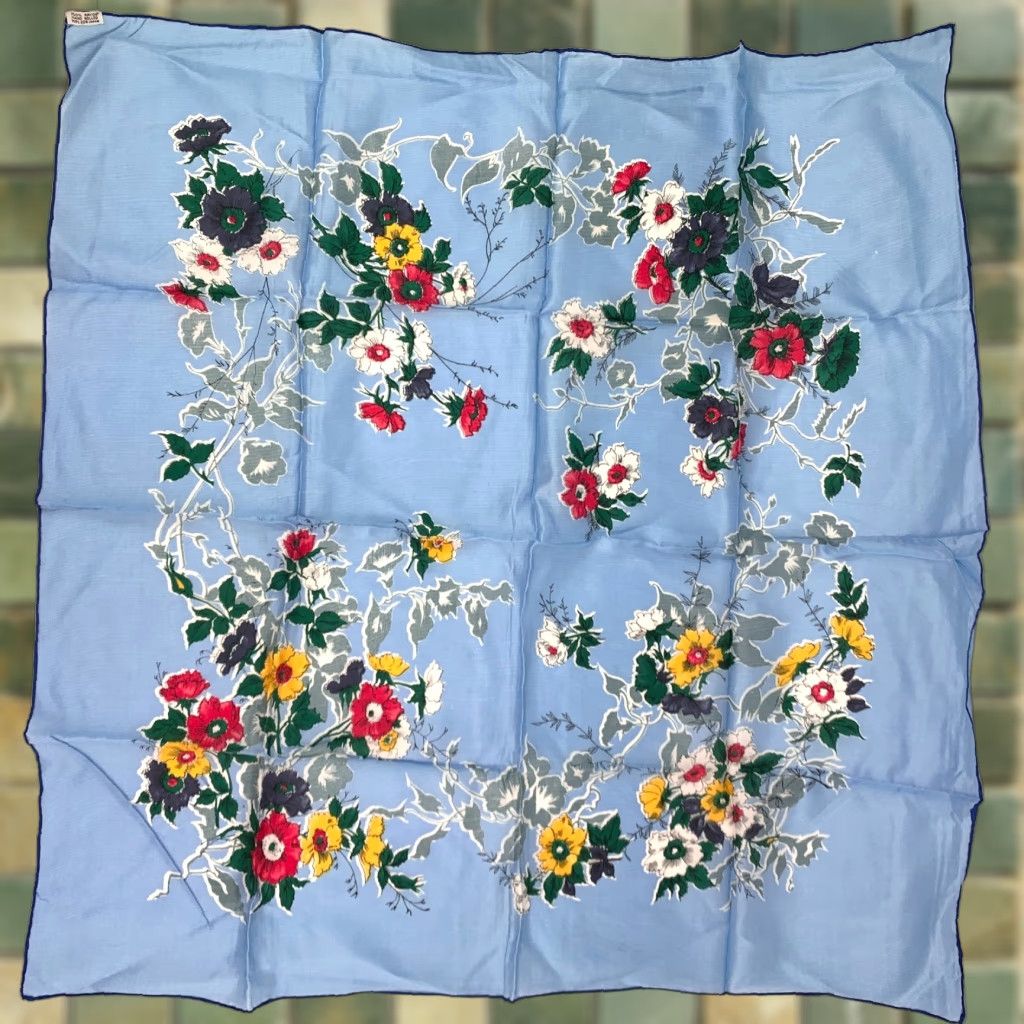 Vintage VINTAGE Rayon Made in Japan Hand Rolled Floral Square Scarf 30" x 31" Blue Womens Scarf Square 70s Size ONE SIZE - 1 Thumbnail