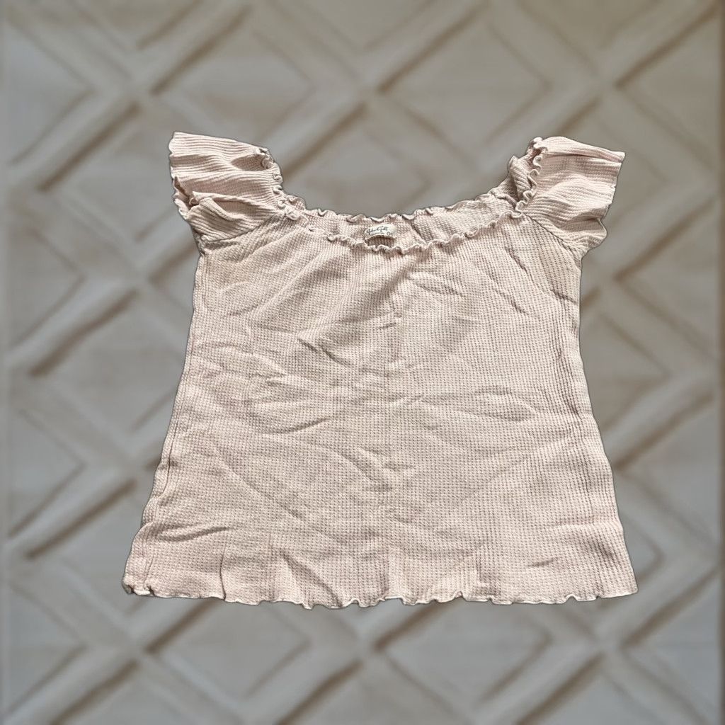 Vintage John Galt Blouse Short Sleeve Off the Shoulder Juniors One Size Pink Cotton Knit Top Size ONE SIZE - 1 Thumbnail