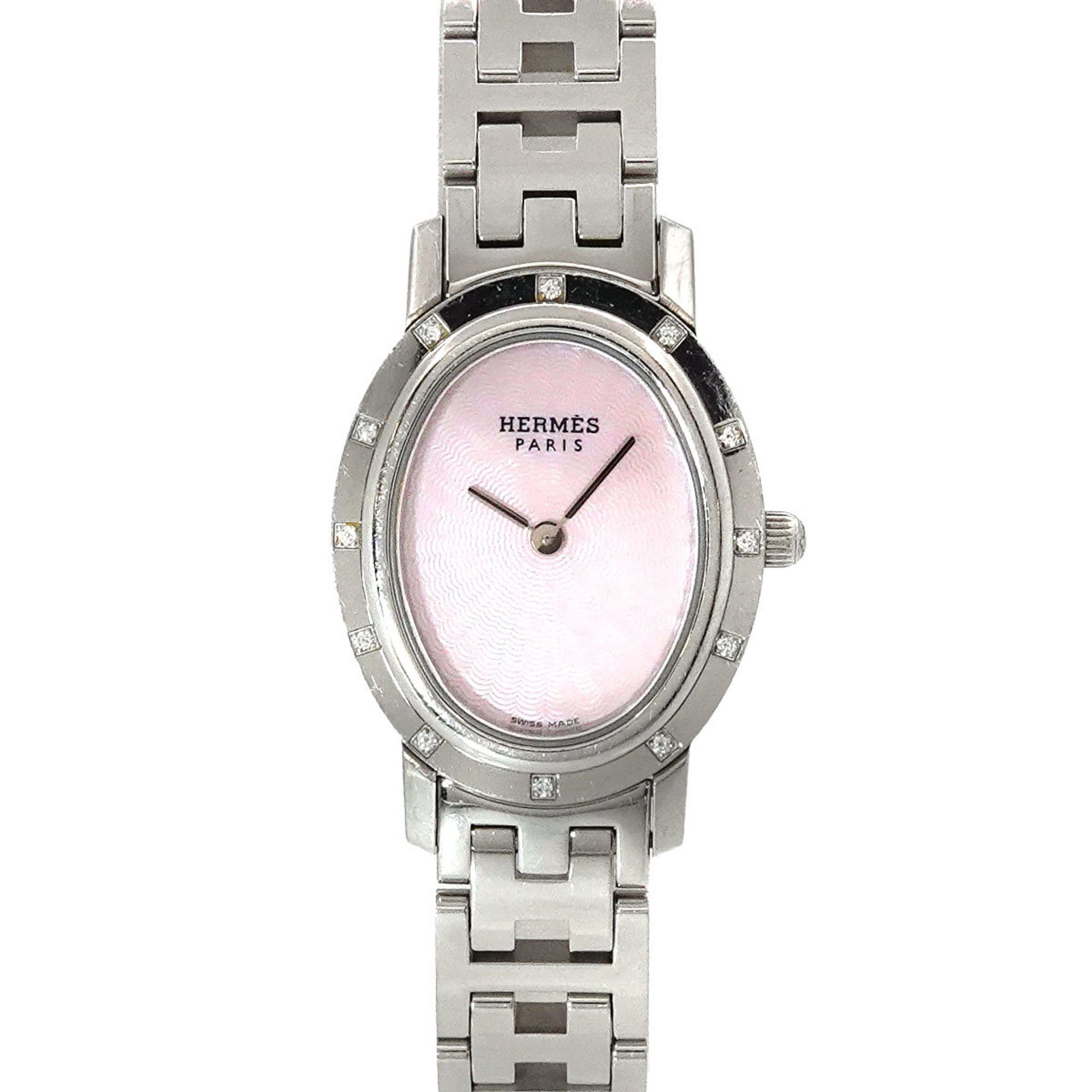 image of Hermes Clipper Nacré Oval Co1 230 Ladies' Watch Diamond Bezel Pink Shell Dial Quartz, Women's