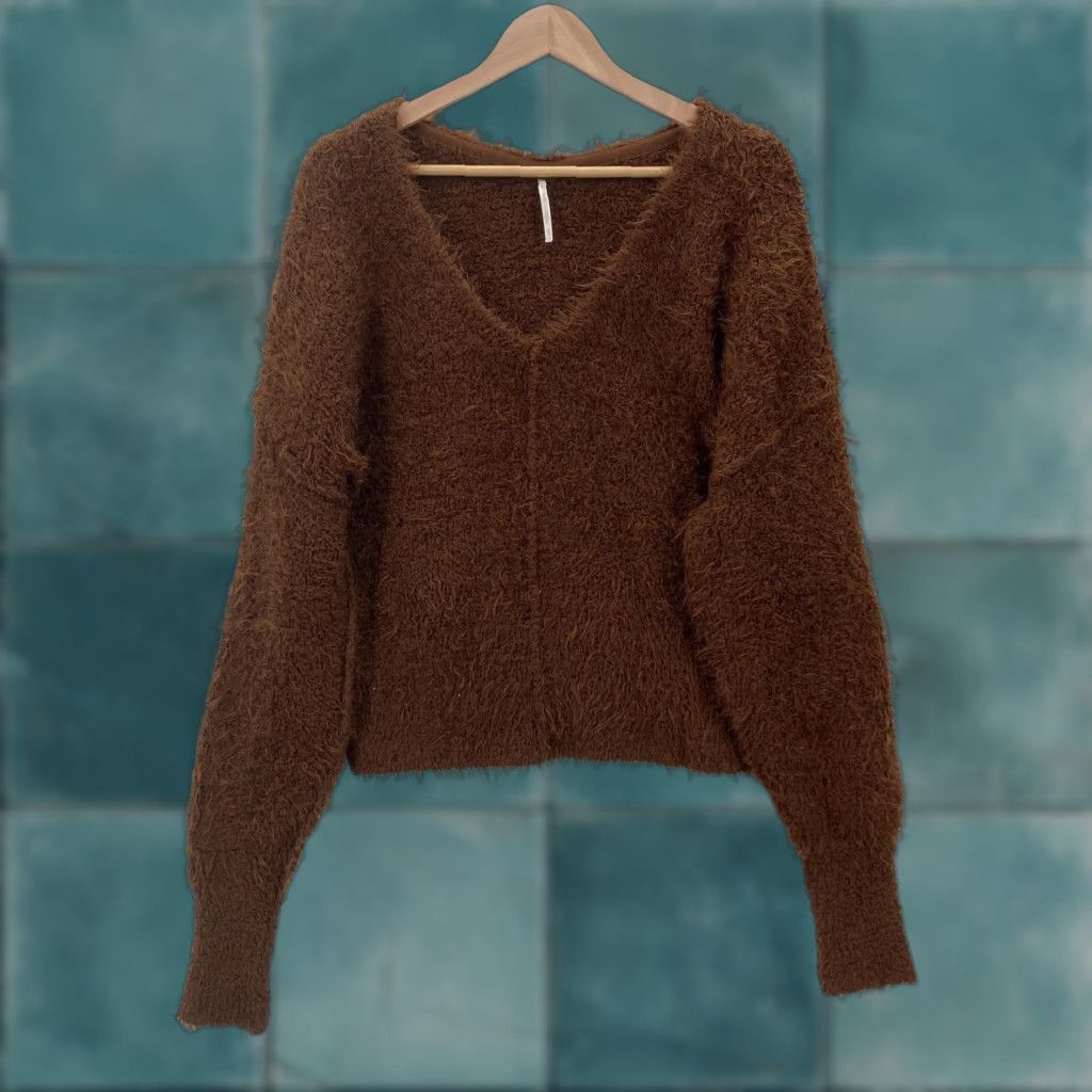 Free People VINTAGE Free People Sweater Womens Small Brown Soft Fuzzy V Neck Eyelash Knit Pullover Size S / US 4 / IT 40 - 1 Thumbnail