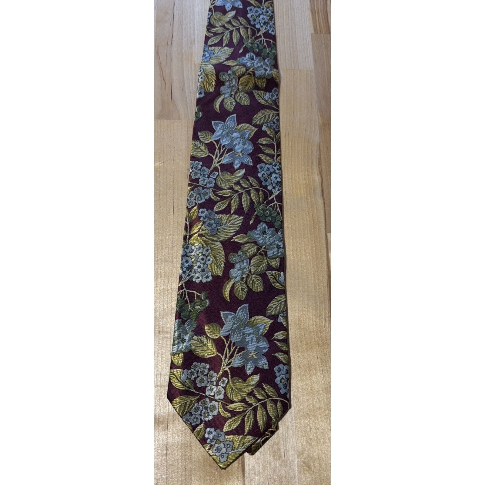 YSL Yves Saint Laurent Silk Tie Floral Burgundy Gold Luxury