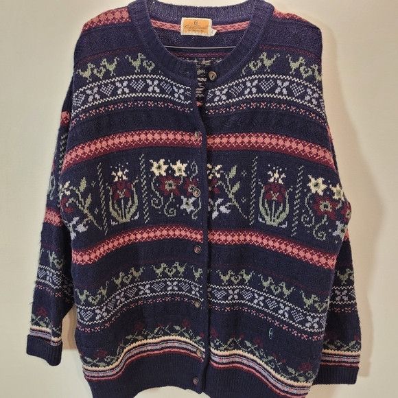Conte of Florence Conte Of Florence Navy Pink Floral 100% Wool `Cardigan - L Size L / US 10 / IT 46 - 5 Thumbnail