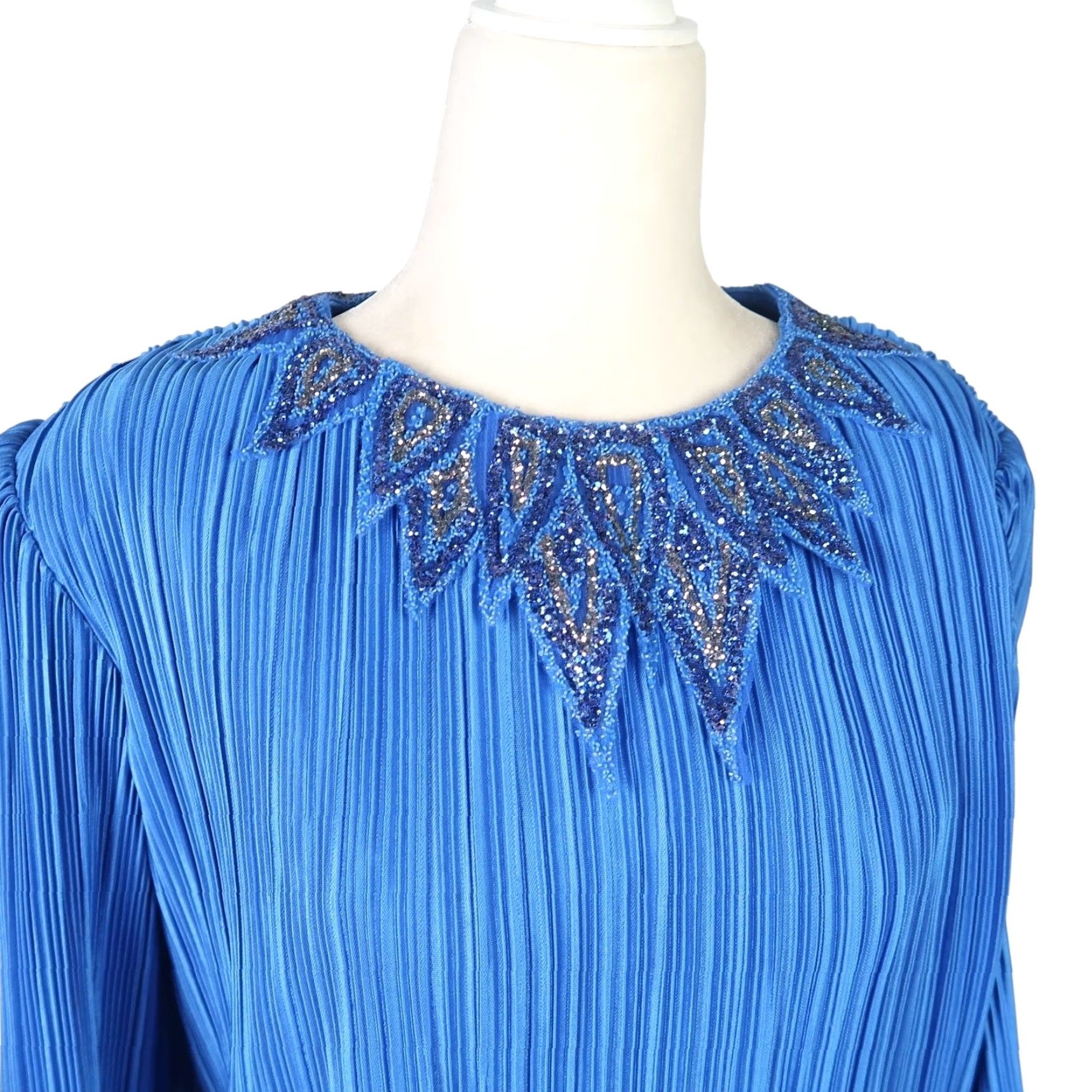 Vintage VINTAGE Gilberti cobalt blue plisse tiered midi dress 12 Sheath Beaded Glitter 80s Cocktail Party Formal Womens 12 blue Size XL / US 12-14 / IT 48-50 - 2 Thumbnail